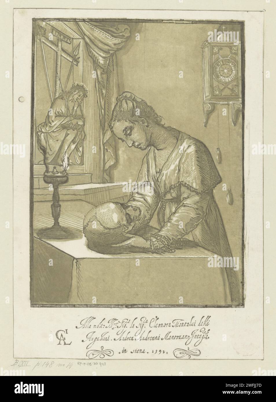 Femme au crâne, Andrea Andreani, d'après Alessandro Casolani, 1591 imprimer Une jeune femme se tient derrière une table et tient un crâne dans ses mains. Une horloge est accrochée au mur et il y a une croix avec Christ comme un homme de douleur. Affectation dans la marge de fin. Italie méditation sur papier sur crâne et/ou crucifix. adolescente, jeune femme, jeune fille. horloge. Figure entière, assise ou debout de l'Homme des douleurs Banque D'Images