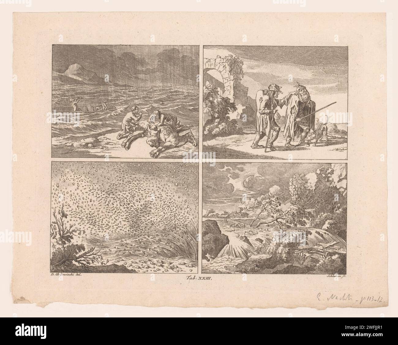 Quatre stands encyclopédiques de voor, Johann David Schleuen (I), d'après Daniel Nikolaus Chodowiecki, 1765 - 1806 imprimer faim et soif ; infirme ; grêle ; papier orageux gravure phénomènes météorologiques Banque D'Images