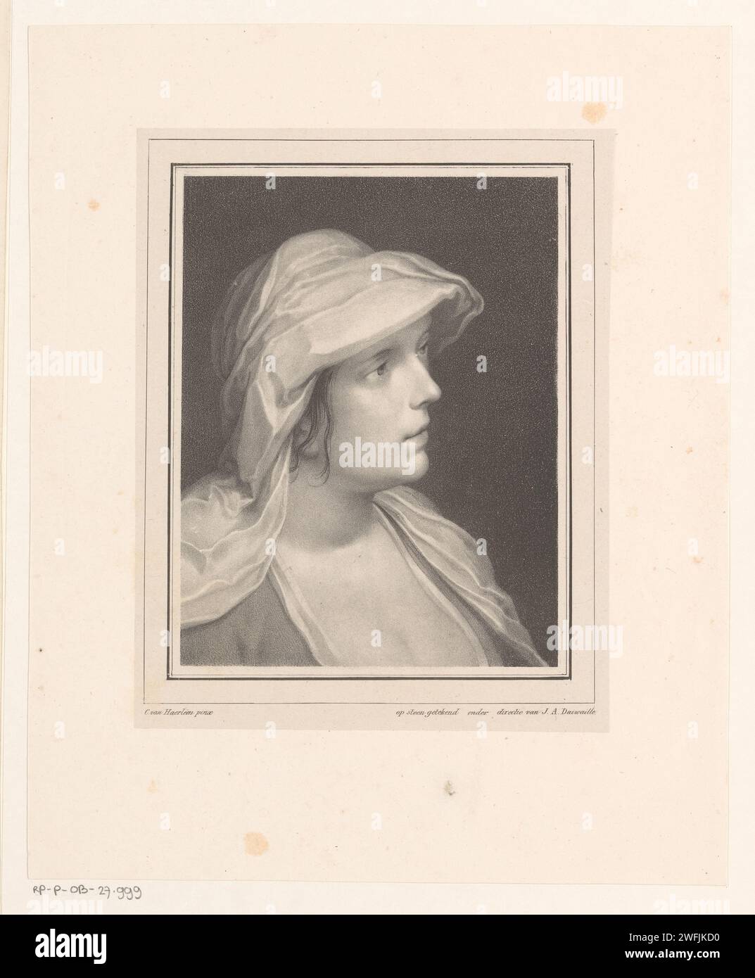 Portrait d'une femme, Jean Augustin Daiwaille, d'après Cornelis Cornelisz. Van Haarlem, 1809 - 1850 imprimer la femme regarde en haut à droite et porte un foulard. Journal d'Amsterdam. Personnages historiques - BB - femme (+ tête (et épaules) (portrait)). Casque (avec NOM) Banque D'Images