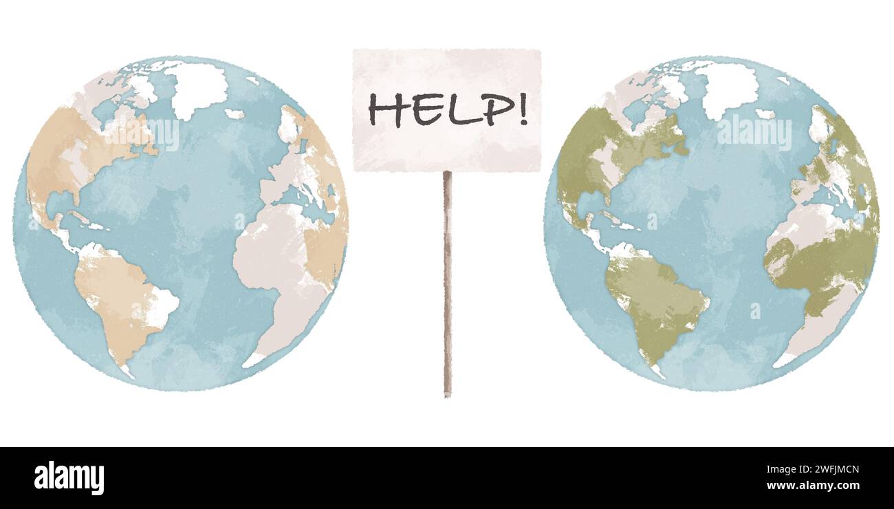 Planète Terre avec signe d'aide illustration dessinée à la main. Concept de changement climatique. Art du réchauffement climatique Banque D'Images