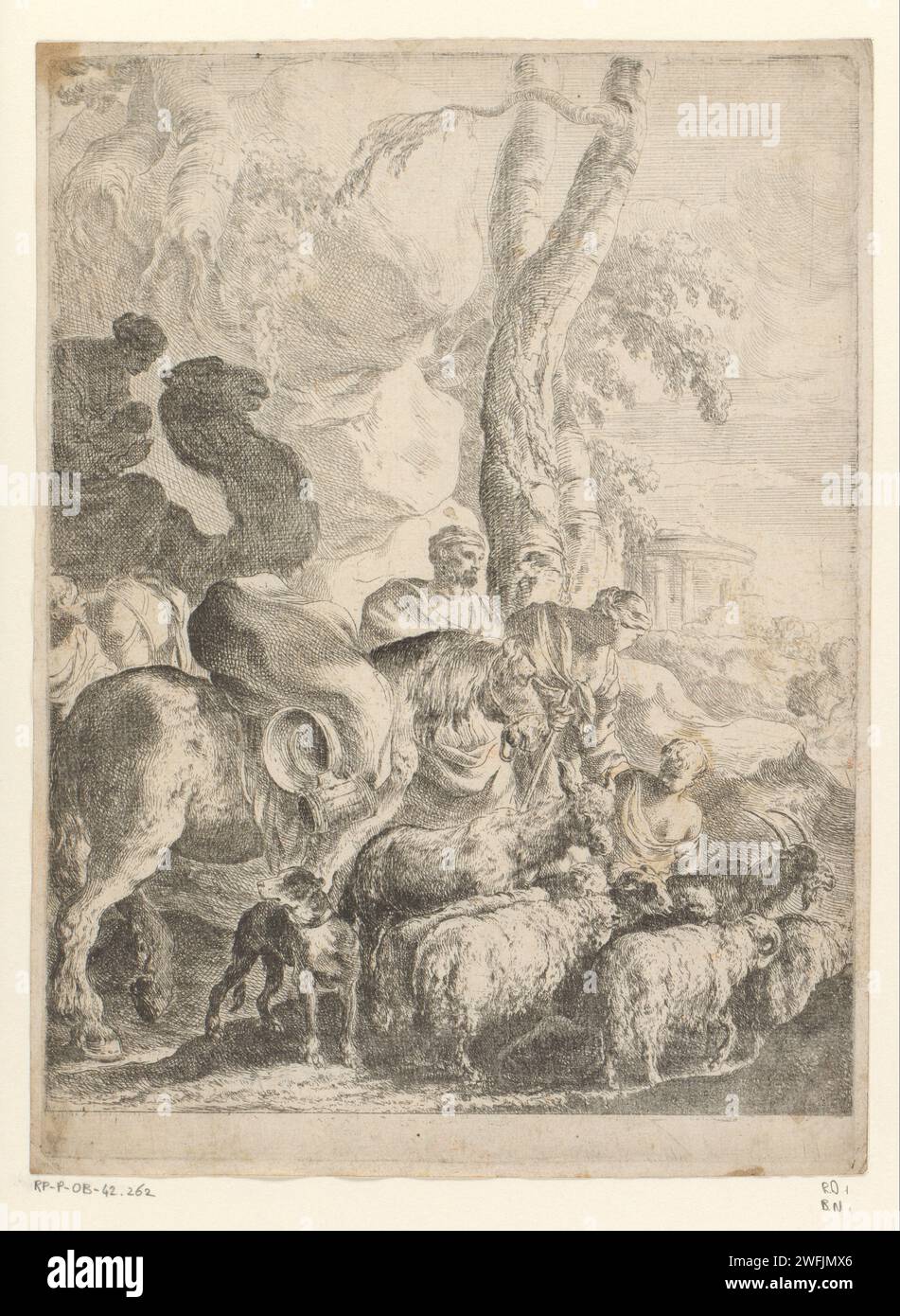 Jakob avec sa famille sur le chemin du retour, Sébastien Bourdon, 1626 - 1671 papier gravé Jacob sur le chemin de Canaan avec sa famille, ses troupeaux, chameaux et tous ses biens Banque D'Images