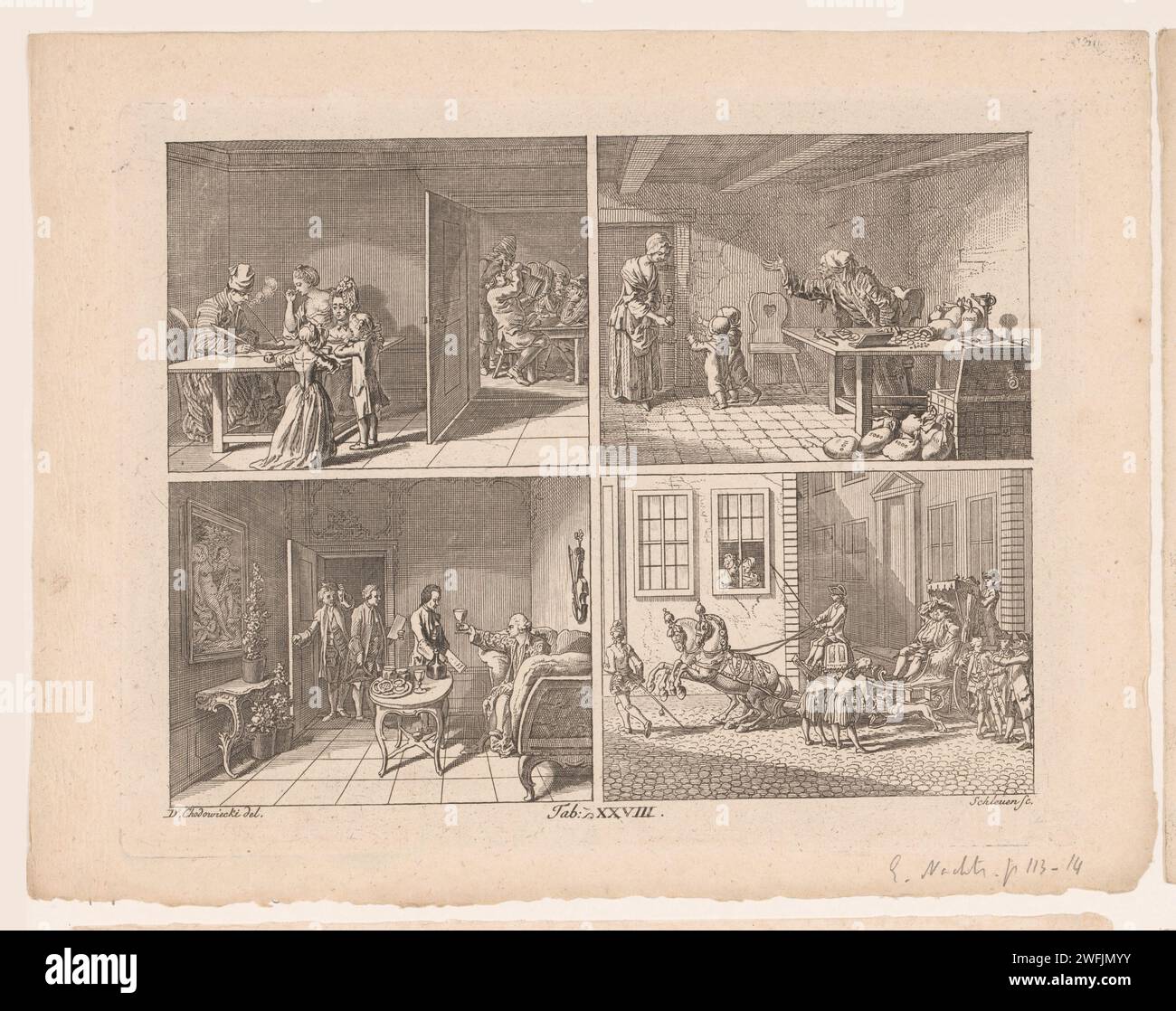 Quatre stands encyclopédiques voor, Johann David Schleuen (I), d'après Daniel Nikolaus Chodowiecki, 1765 - 1806 fumeurs d'estampes et de bonbons ; die ; gaspillé ; fierté papier gravure commerce, commerce et finance Banque D'Images