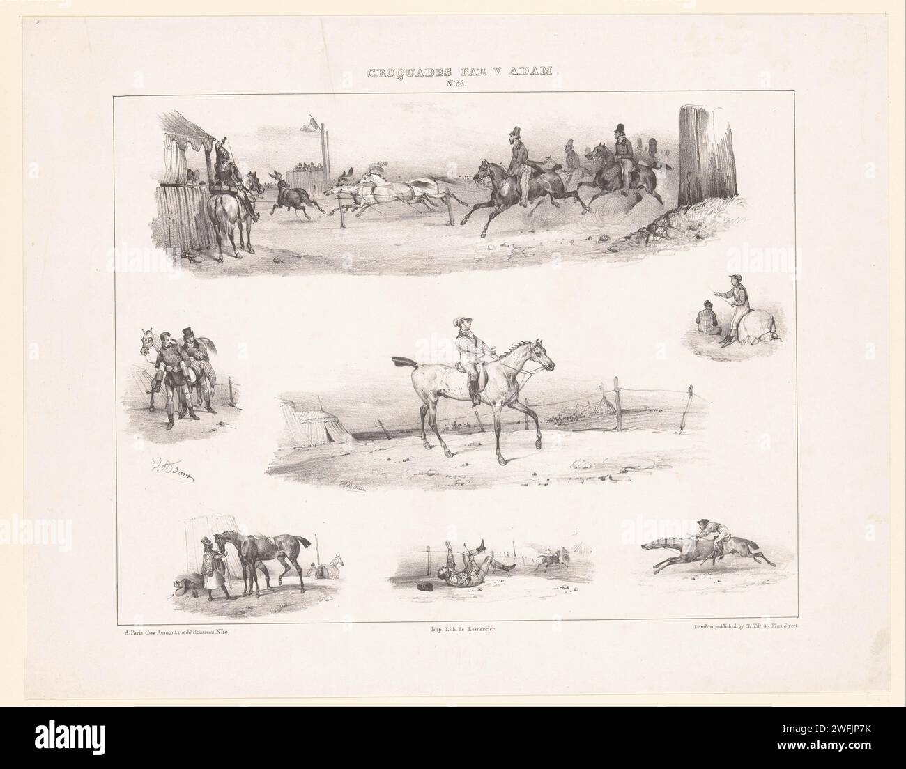 Sept représentations de chevaux et cavaliers, Victor Adam, imprimeur 1833 : Parisprinter : Parispublisher : Parispublisher : London Paper Horse. courses hippiques. accident avec cheval (ou animal apparenté). jockey Banque D'Images