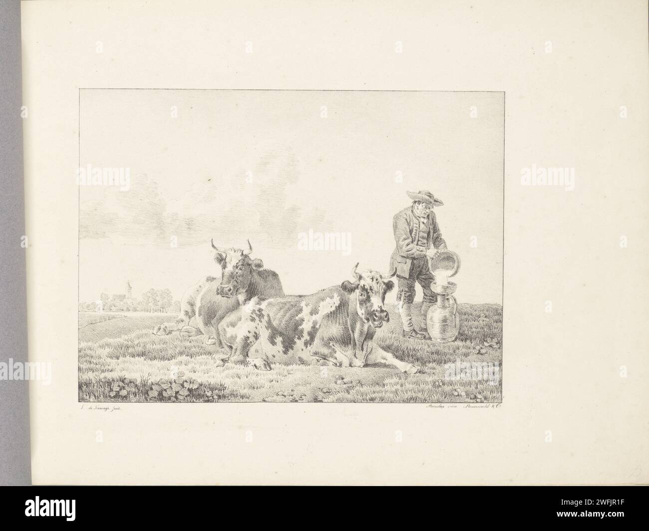 Boer et deux vaches à Weiland, Leendert de Koningh, 1826 imprimer l'agriculteur transmet le lait dans un plus grand tonneau. Ce tirage appartient à une série de six tirages, liés ensemble avec une page de titre. Paysages de papier Dordrecht dans la zone tempérée (+ paysage avec figures, staffage). transport du lait. vache Banque D'Images