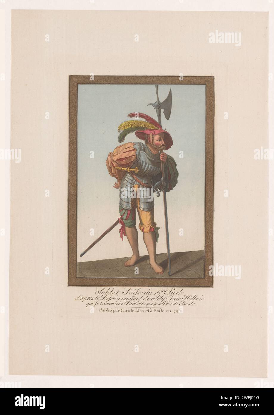 Soldat avec Dolk et Zwaard, appuyé sur Hellebaard, Johann Rudolph Schellenberg (possible), Christian von Mechel, 1790 estampe Bâle papier gravure vêtements, costume. uniformes (militaires) (+ armes). armes. armes à main, polearms (pour frapper, pirater, pousser) : halberd. hacking et propulser des armes : poignard. hacking et propulser des armes : épée. Armure Suisse Banque D'Images