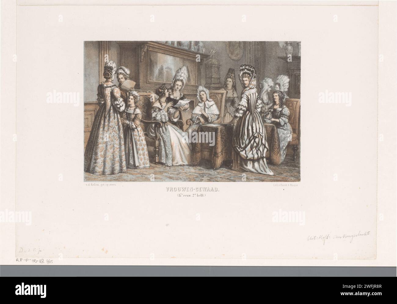 Femmes riches dans un intérieur, David van der Kellen (1827-1895), 1859 - 1864 imprimer un groupe de femmes s'est réuni autour d'une table dans le salon. Ils parlent, lisent une lettre ou boivent du thé. Les femmes portent différents types de robes et de coiffures, dont un Fontange. Casque papier Haarlem. casque : fontange (+ vêtements pour femmes). salon. lecture. tasse de thé. conversation, dialogue ; pièce de conversation Banque D'Images