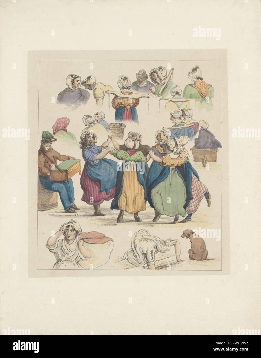 Études de figures (cinquième feuille), 1833, Christiaan Andriessen, 1833 imprimer feuille avec des figures : centralement un groupe de six femmes dansant sur la musique d'un homme avec un orgue à tonneau. Partie d'une série de six magazines avec des études de figures de costumes traditionnels néerlandais, figures de rue et tuiks, 1833. Imprimeur : Netherlandspublisher : costume folklorique en papier Amsterdam, costume régional. commerçant de rue Banque D'Images