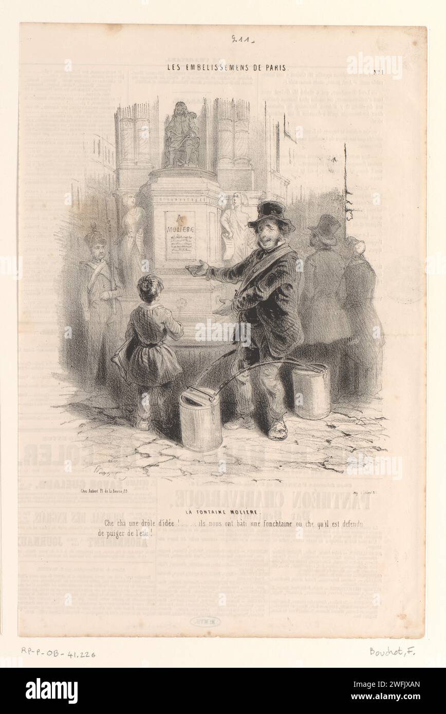 L'homme aux seaux ne peut-être pas puiser l'eau de la fontaine, Frédéric Bouchot, 1844 imprimer Un homme à deux seaux pense sourire que les Parisiens ont donné une fontaine où ils ne sont pas autorisés à puiser l'eau. Sur la gauche à côté de la fontaine se trouve un soldat de garde. Papier de Paris. Fontaine ornementale en papier (dans village) (+ ville(-paysage) avec figures, staffage) Fontaine Molière Banque D'Images