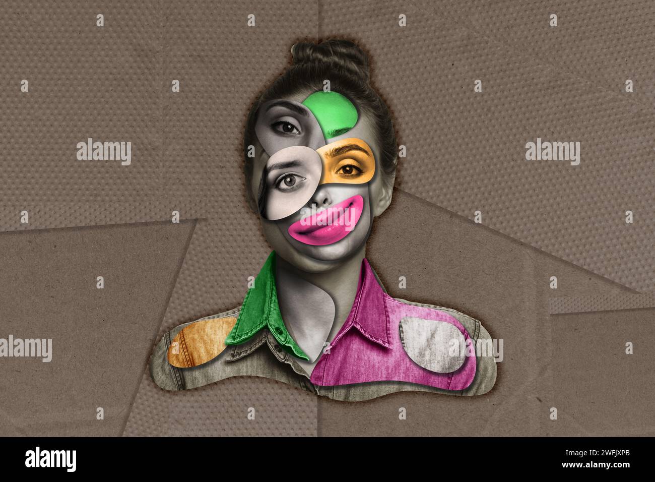Photo d'image de collage de jeune femme avec trois yeux se sentant mal isolé sur fond de couleur grise Banque D'Images