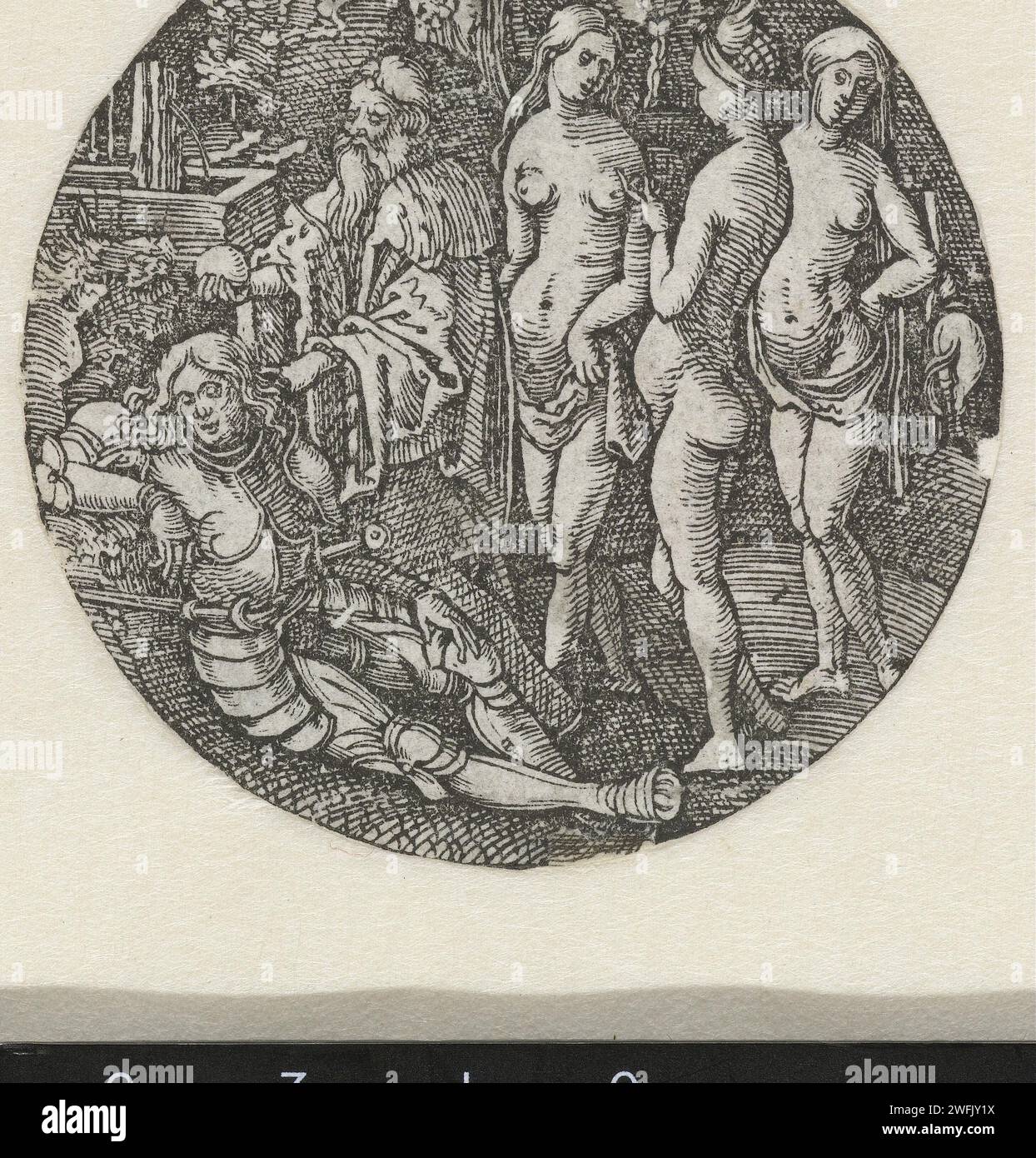 Le jugement de Paris, Hans Springinklee (attribué à), 1510 - 1520 print spectacle rond de trois dames peu habillées, un homme plus âgé dans un manteau lourd et un homme plus jeune en armure. L'homme plus âgé (Mercure) offre au jeune homme (Paris), qui semble dormir, une pomme à donner à l'une des trois dames (Vénus, Minerve et Juno). Papier de Nuremberg le jugement de Paris (Mercure présent) Banque D'Images
