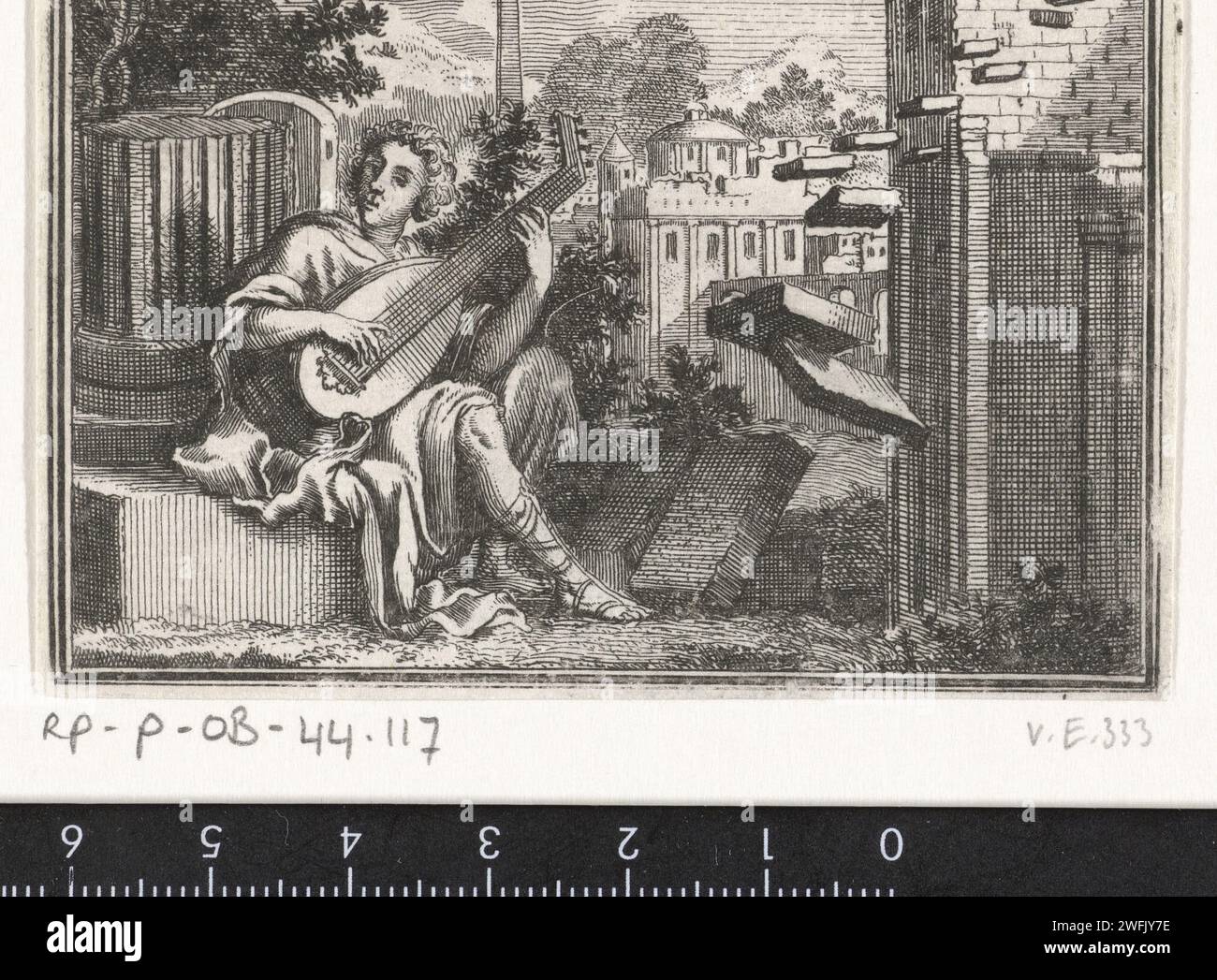 Amphion, jouant sur un luth près des murs de Thèbes, Jan Luyken, d'après François Chauueau, 1681 estampe Amsterdam papier gravure (histoire de) Amphion et Zethus Banque D'Images