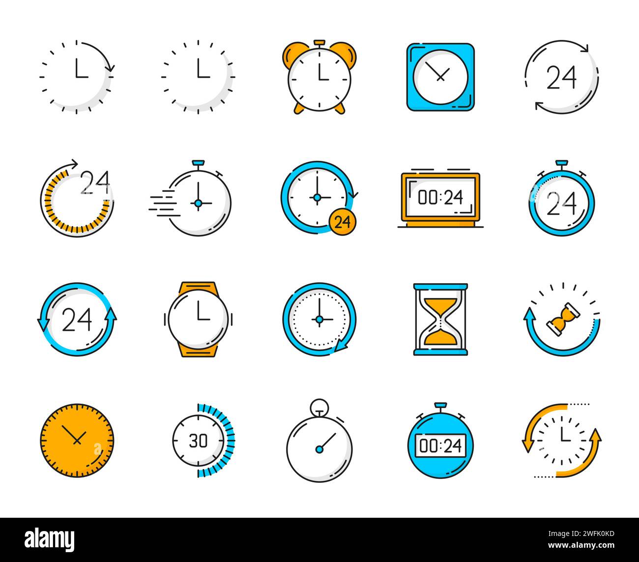 Icônes de contour de couleur de l'horloge du minuteur. Alarme, chronomètre, chronomètre. Horloge de gestion du temps et compte à rebours de minuterie d'intervalle ou sablier d'interface d'ordinateur, pictogrammes vectoriels de ligne de montre-bracelet ensemble Illustration de Vecteur