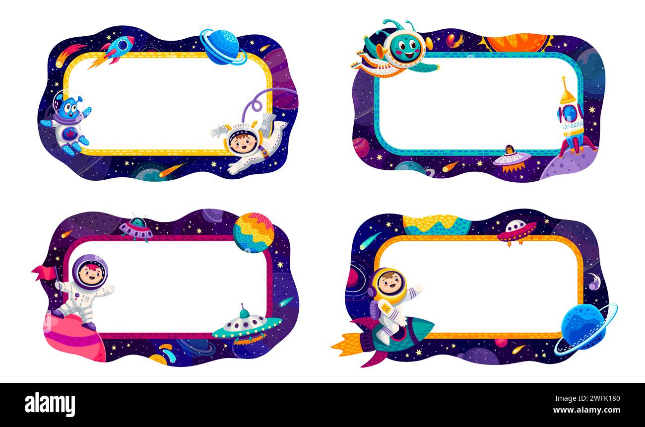 Cadres de frontière avec des planètes spatiales, des étoiles, des vaisseaux spatiaux et des astronautes à la galaxie étoilée. Enfants et personnages extraterrestres de vecteur spatial avec fusée et OVNI dans des cadres de dessin animé de l'espace extra-atmosphérique, astronomie Illustration de Vecteur