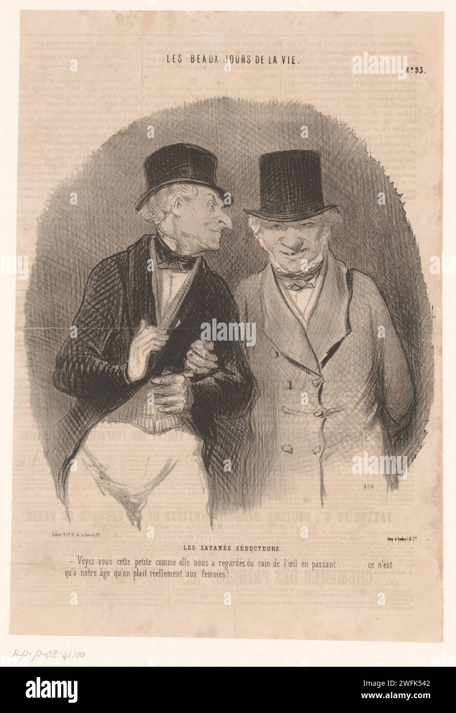 Caricature de deux vieux chasseurs de jupe, Honoré Daumier, 1846 les hommes, qui ont atteint un âge respectable, se parlent d'une jeune femme qui leur aurait jeté un coup d'œil dans la rue. Caricatures en papier de Paris (types humains). vieil homme. femme-chasseur Banque D'Images