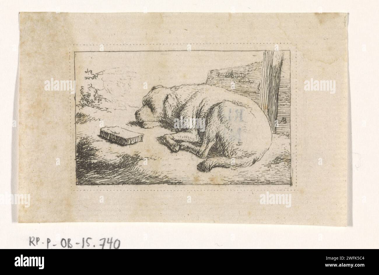 Chien couché, inconnu, d'après Adriaen van de Velde, 1650 - 1700 print chien de gravure papier des pays-Bas du Nord Banque D'Images