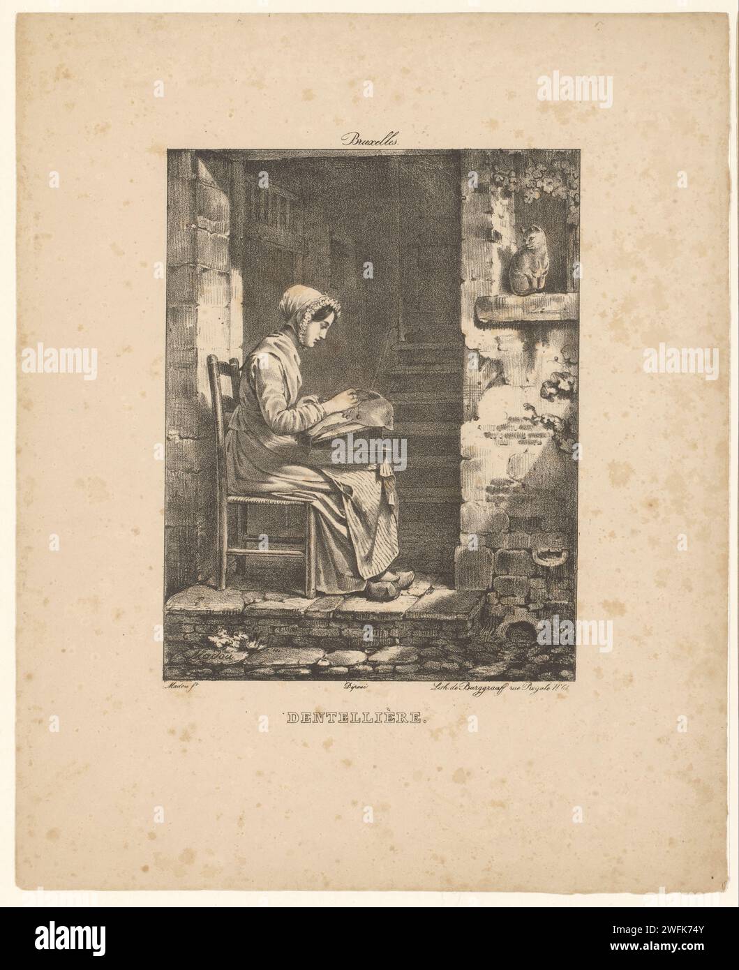 Ouvrier de dentelle au travail, Jean Baptiste Madou, 1825 - 1835 imprimer costume folklorique en papier bruxellois, costume régional. fabrication de lacets. Femme adulte Bruxelles Banque D'Images