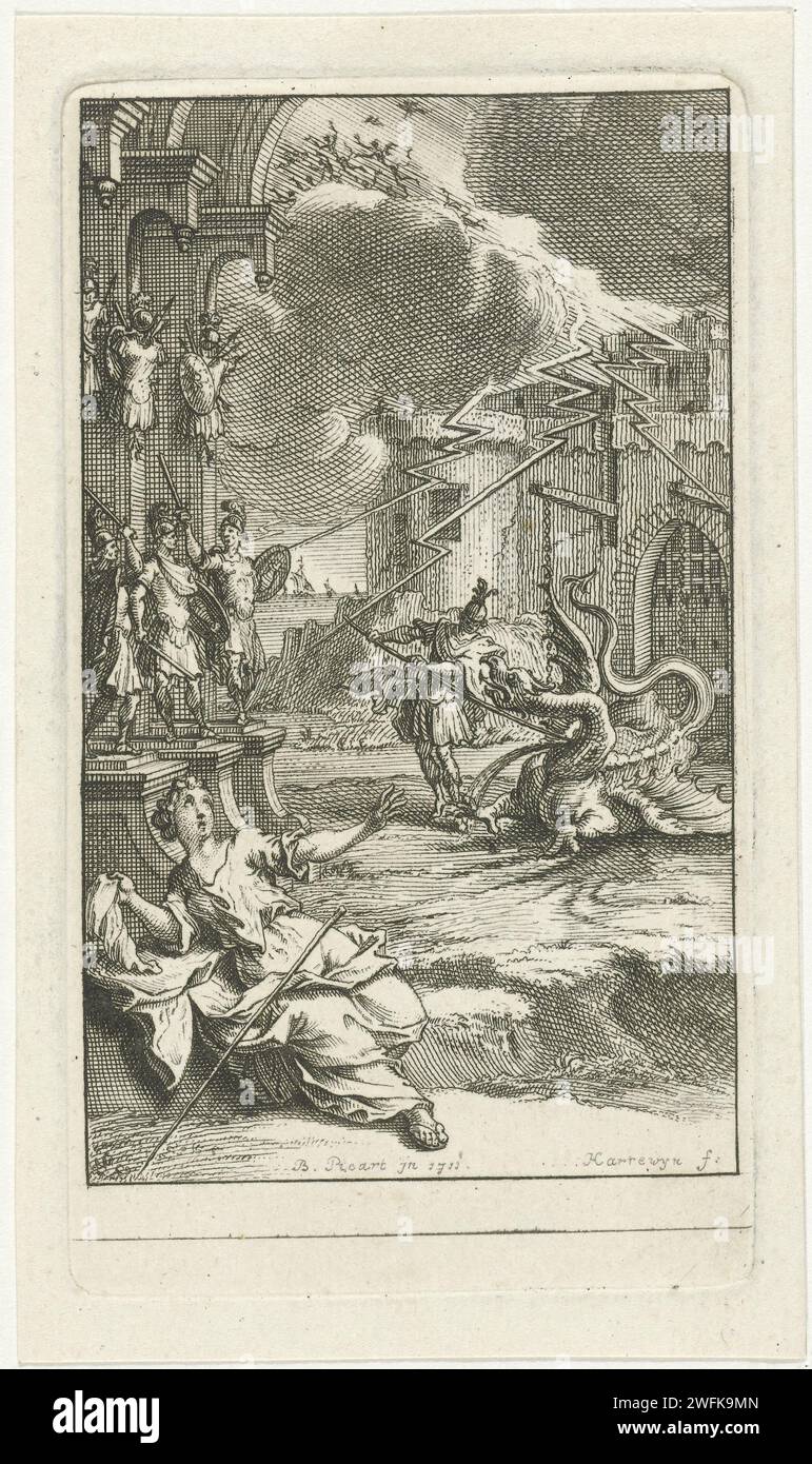 H. Joris et de Draak, Jacobus Harrewijn, d'après Bernard Picart, 1711 estampe Saint Joris en armure classique tue un dragon, symbole de la conversion d'un pays païen au christianisme. Le lieu lui-même est personnalisé par la Vierge au premier plan. Sur la gauche, les soldats observent les murs de la ville en arrière-plan et une côte avec des démons en fuite et des nuages de tonnerre au-dessus. Papier des pays bas gravure du guerrier martyr George (Georgius) ; attributs possibles : bannière (croix rouge sur fond blanc), croix (rouge), dragon, cheval (blanc), lance cassée, bouclier (avec croix), épée Banque D'Images