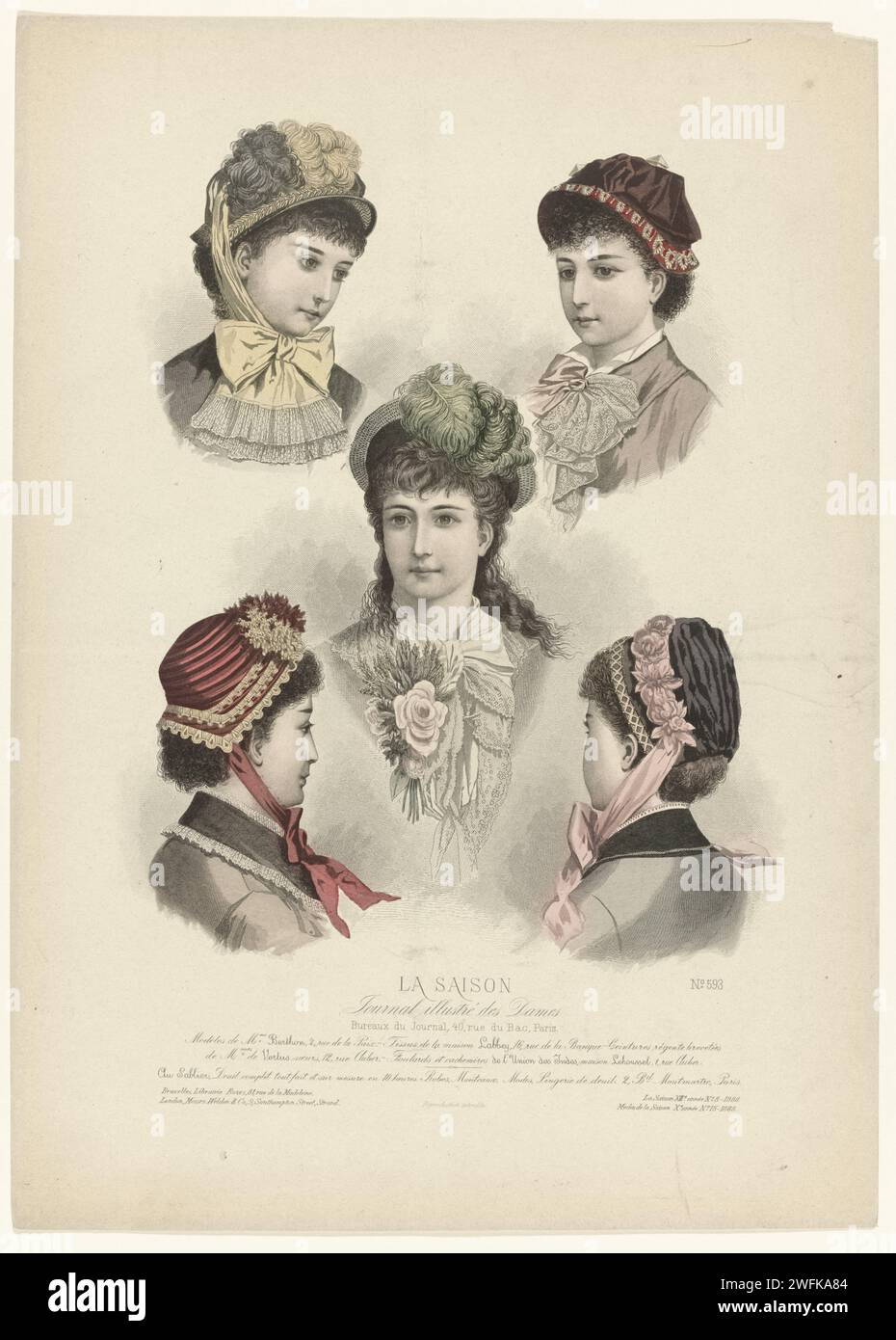 La saison, journal illustré Dames, 1880, 13e année, n° 8, no 593 : Mme Berthon modèles (...), Anonyme, 1880 cinq têtes de femmes avec des chapeaux différents. Selon la légende : 'modèles' de Berthon. Ci-dessous quelques lignes de texte publicitaire pour différents produits. Imprimer à partir des magazines de mode (?) La saison (1867-1902) et les modes de la saison (1871-1885). plaques de mode gravées en papier. casque : chapeau (+ vêtements pour femmes). corsage (+ vêtements pour femmes). fleurs. bordure, ruban, tresse (+ vêtements pour femmes). Banque D'Images