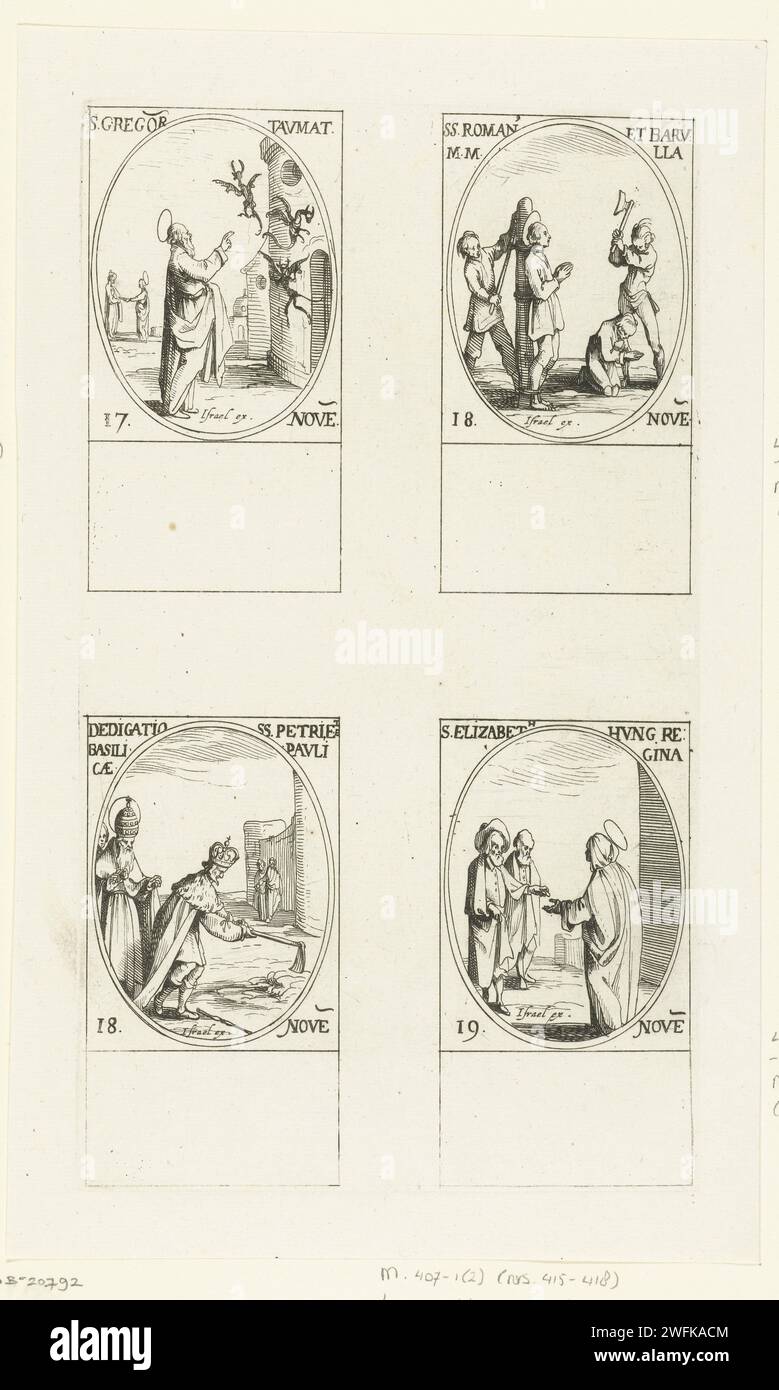 Sacré Gregorius Thaumaturgus, Saint Romain et Sainte Barulas d'Antiochie, Construction de Saint Peter et St. Paul-Buiten-de-Muren (consécration de l'église Pierre et église de Paul), Sainte Elisabeth van Hungary (17-19 novembre), Jacques Callot, 1632 - 1636 imprimer feuille avec quatre représentations ovales, chacune avec inscription et date en latin: en haut à gauche du Saint Gregorius Thaumaturgus qui déplace des êtres diaboliques, en haut à droite du Saint Romain et des Saintes Barulas d'Antiochie qui sont étranglés et décapités respectivement, en bas à gauche un roi sous l'œil vigilant du Pape l'œuvre f Banque D'Images