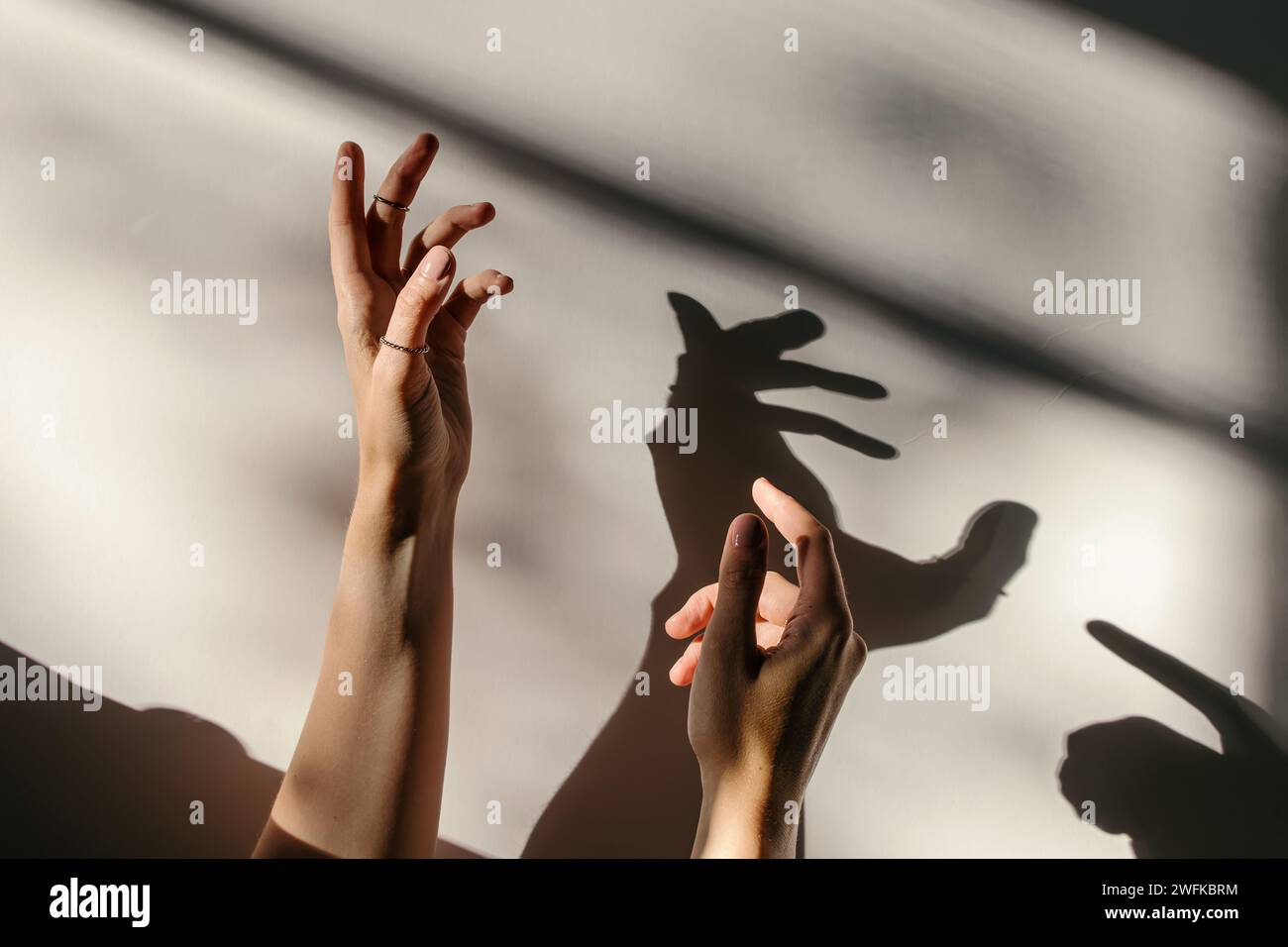 Les mains de la femme dans la lumière naturelle du soleil et l'ombre. Concept minimaliste Banque D'Images