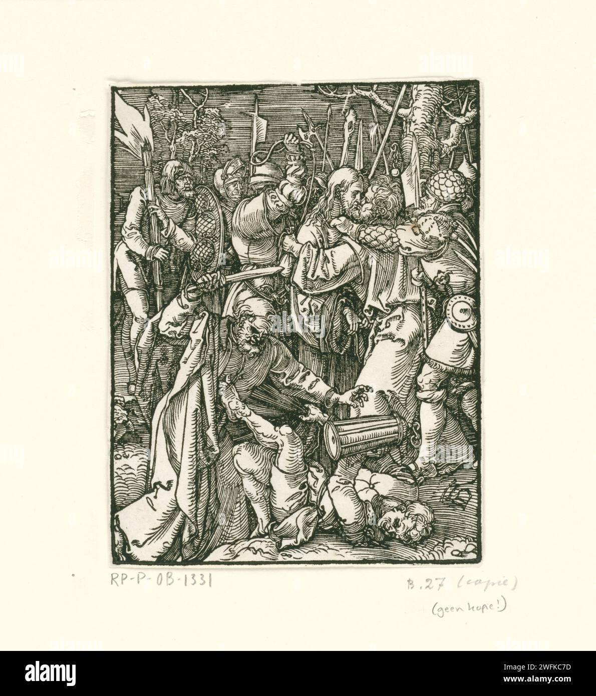 Emprisonnement, Albrecht Dürer, 1509 imprimer Christ est trahi par Judas avec un baiser et capturé par des soldats. Ce tirage fait partie de la série de presse 'de Kleine Passie', composée d'un tirage titre et de 36 scènes bibliques (principalement de l'histoire de la souffrance). Nuremberg paper le baiser de Judas : accompagné de soldats avec des torches et des lanternes, il embrasse le Christ Banque D'Images