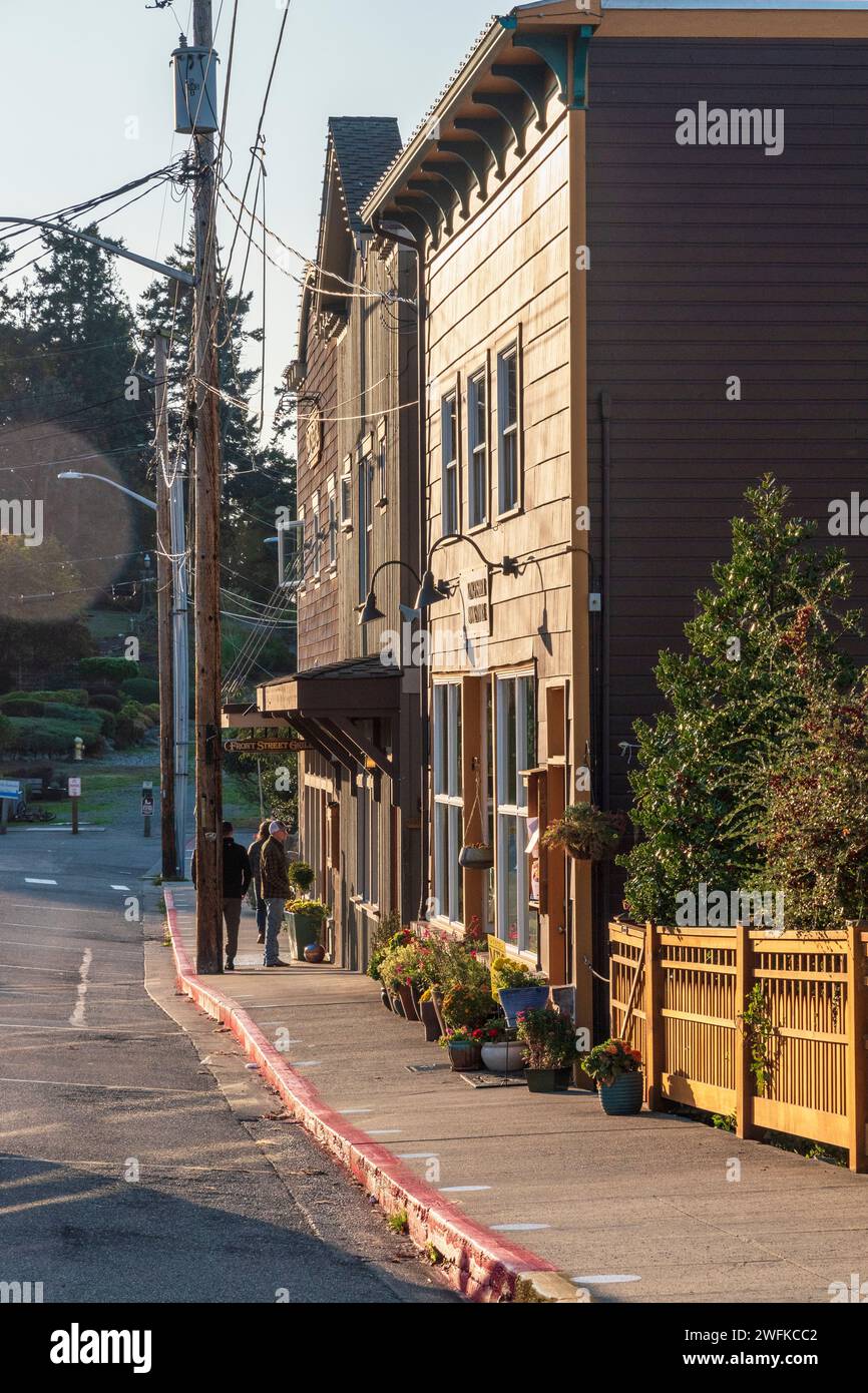 Une photo verticale de bâtiments anciens en fausse façade le long de la rue commerçante de Coupeville, Whidbey Island, État de Washington dans l'evenin Banque D'Images