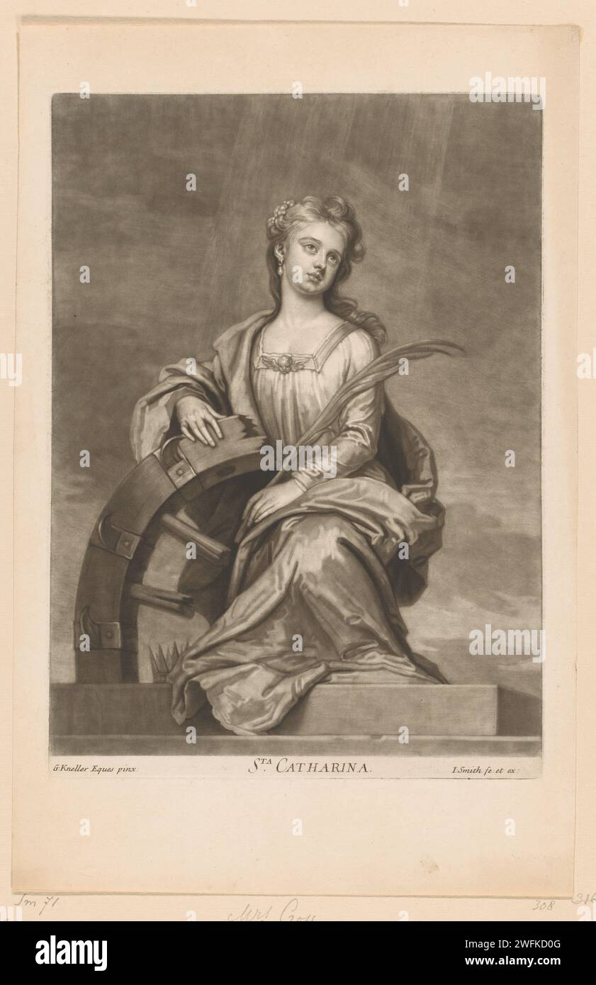 Portrait de Mme Cross comme H. Catharina, John Smith (imprimeur / éditeur), d'après Gottfried Kneller, 1697 - 1742 personnes historiques sur papier imprimé. acteur, actrice (situations hors travail). La vierge martyr Catherine d'Alexandrie ; attributs possibles : livre, couronne, empereur Maxence, branche de palmier, anneau, épée, roue Banque D'Images