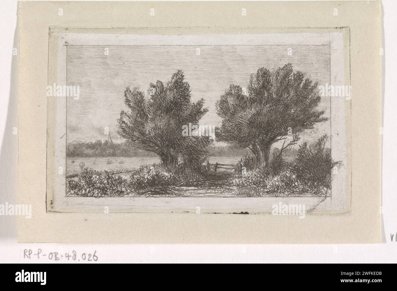 Les arbres dans un paysage de prairie, Jacob Jan van der Maaten, 1851 impriment le papier de la Haye. gravure d'arbres. prairie, pâturage Banque D'Images