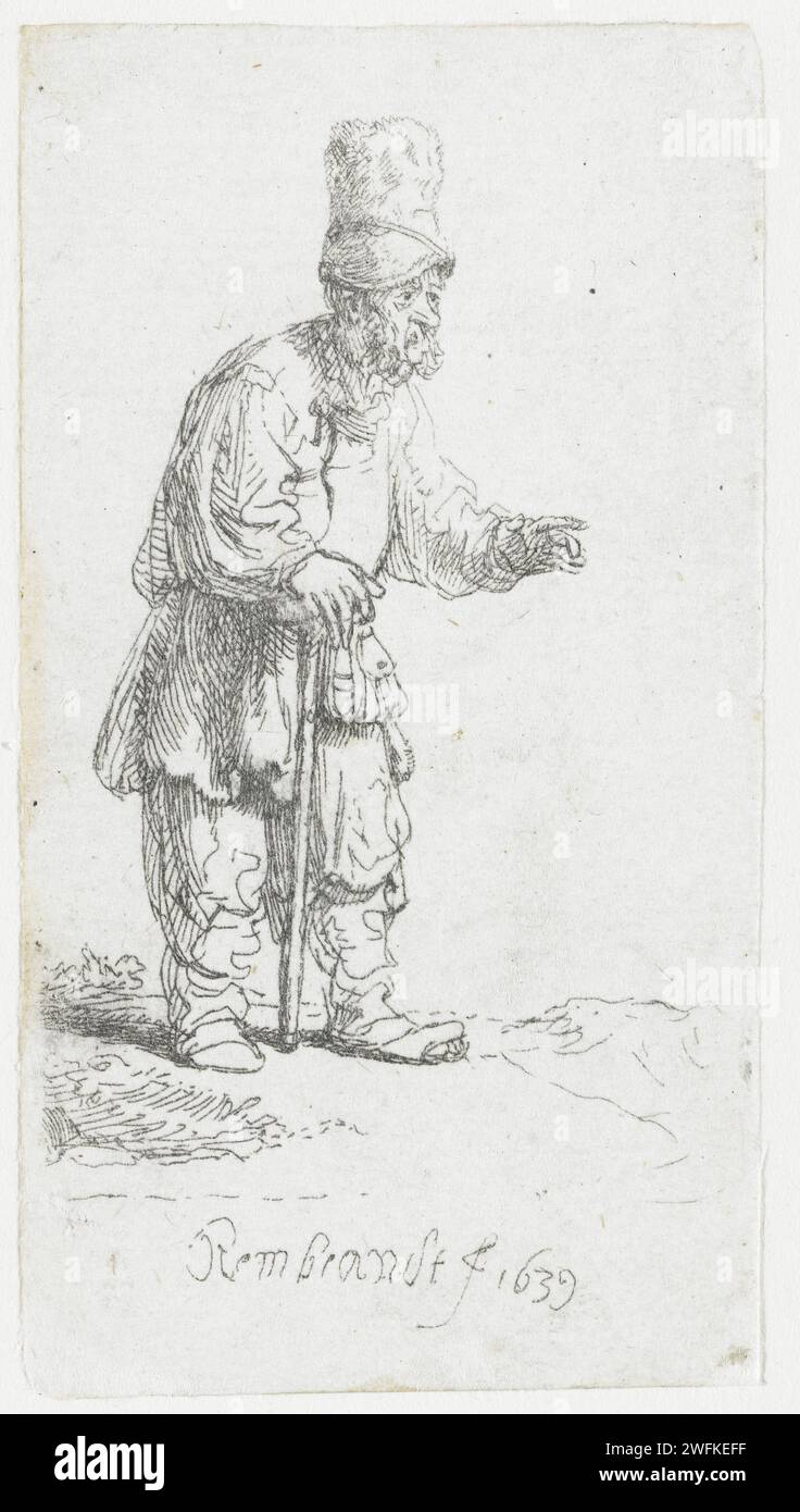 Un paysan dans une casquette haute, debout appuyé sur un bâton, Rembrandt van Rijn, 1639 papier gravé les âges de l'homme (+ vieil homme (être humain)) Banque D'Images