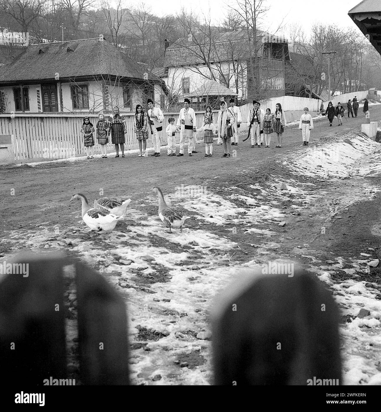 Nereju, Vrancea County, République socialiste de Roumanie, env. 1977. Villageois sur la ruelle du village portant leurs costumes folkloriques pour un événement local. Banque D'Images