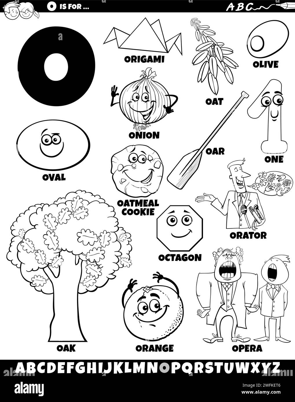 Illustration de dessin animé d'objets et de caractères définis pour la lettre O coloriage page Illustration de Vecteur