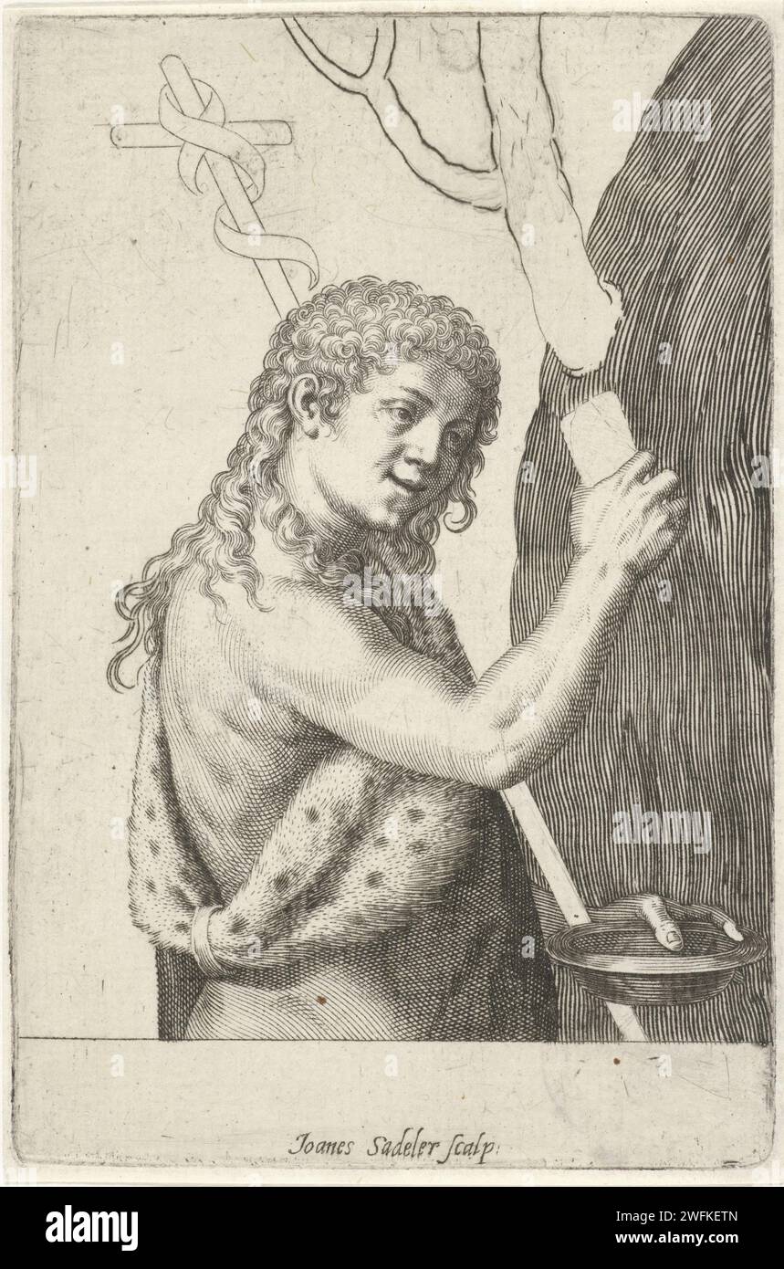 Johannes de Baptist enfant, Johann Sadeler (I), 1560 - 1600 imprimer Jean Baptiste enfant. Il porte un crucifix sur l'épaule gauche. papier inconnu. Gravure à l'encre / plume Jean le Baptiste ; attributs possibles : livre, croix de roseau, coupe baptismale, nid d'abeille, agneau, personnel - début de la vie du saint mâle Banque D'Images