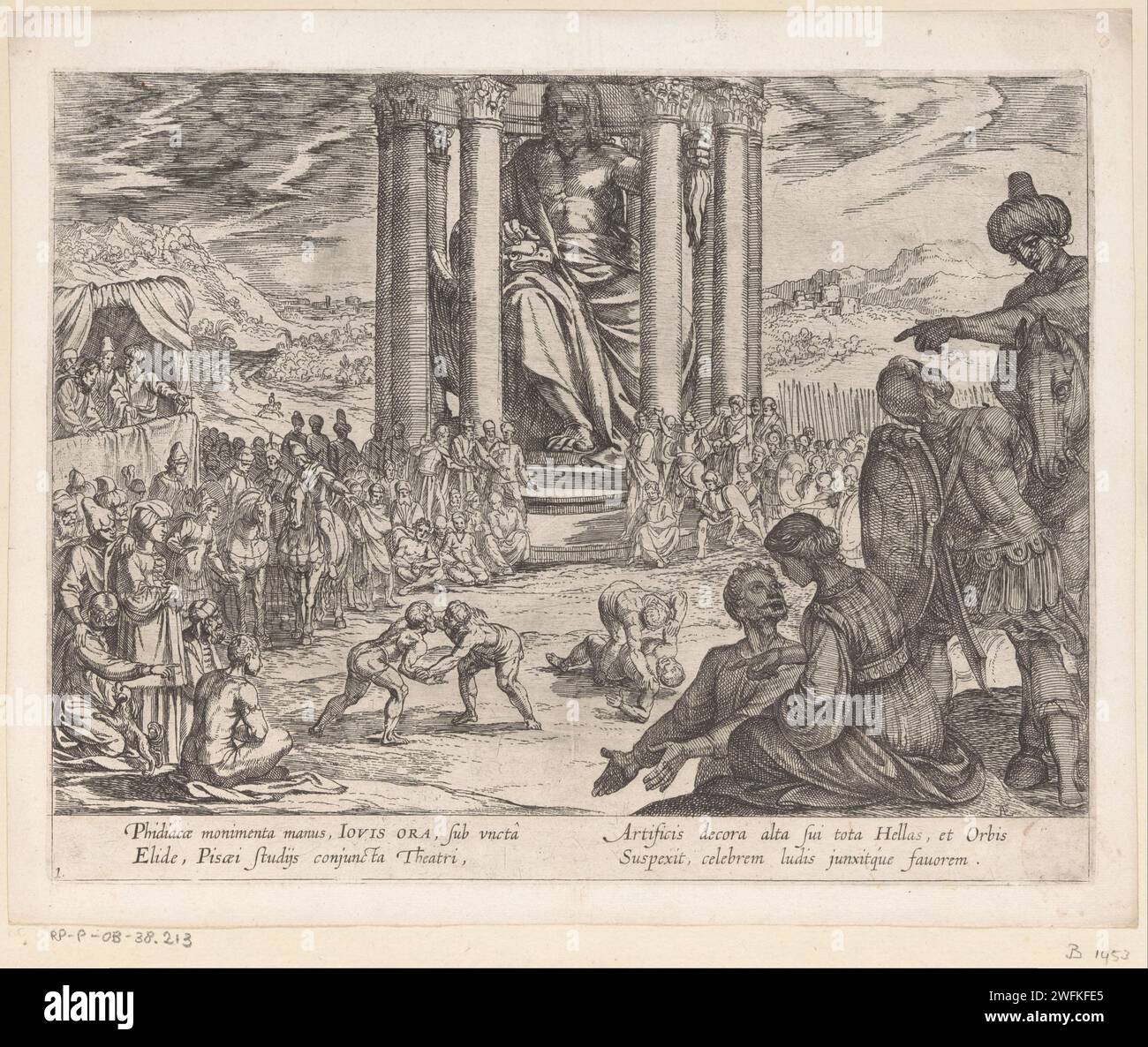 Statue de Jupiter à Olympie, Antonio Tempesta, 1608 imprimer Un paysage avec un temple rond avec la grande statue du Dieu Jupiter par le sculpteur Phidias. Pour le temple une foule de gens regardant les hommes en lutte. Texte en latin en STUDMARGE. Imprimeur : Italypublisher : AntwerpAntwerp paper graving the Seven Wonders of the World. pièce de sculpture, reproduction d'une pièce de sculpture. Statue de Zeus par Phidias (merveille du monde). lutte (sport) Banque D'Images