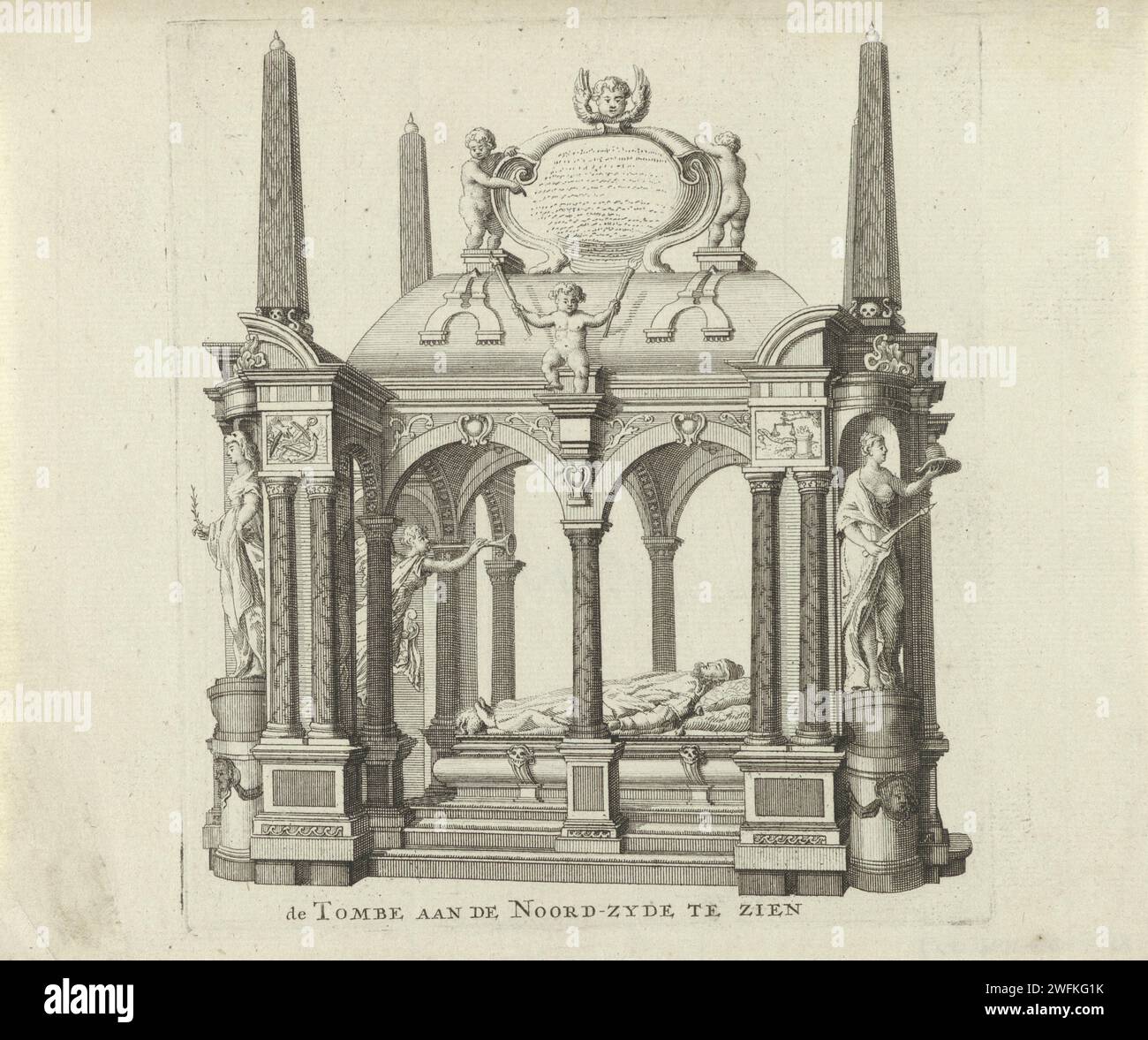 Graftombe de Willem I, Prince d'Orange, 1623, Anonyme, 1700 - 1799 tirage Graftombe ou Praalgraf de Willem I dans la Nieuwe Kerk à Delft, achevé en 1623. Vu de côté avec l'image du prince couché. Bas pays gravure papier construction de tombes, tombe monumentale. intérieur de l'église. Personnes historiques Nouvelle église. Delft Banque D'Images
