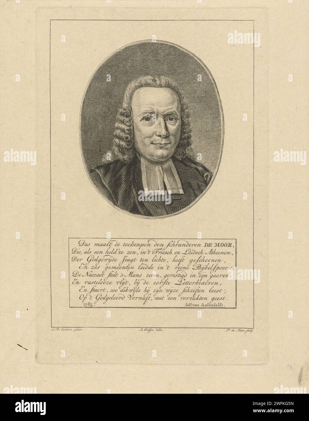 Portrait de Bernard de Moor, Pieter de Mare, d'après Abraham Delfos, d'après Louis Bernard Coclers, tirage 1783 Portrait du pasteur Bernard de Moor. Gravure / gravure sur papier Leiden Banque D'Images