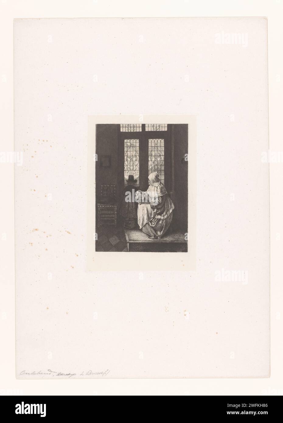 Interior met Cantzing Versewing A Man aan Het Raam, Niholay Monthly Moslov, Movelov, Aftailav, 1857 - 1914 papier imprimé. gravure / fabrication de lacets à pointe sèche. dentelle Banque D'Images