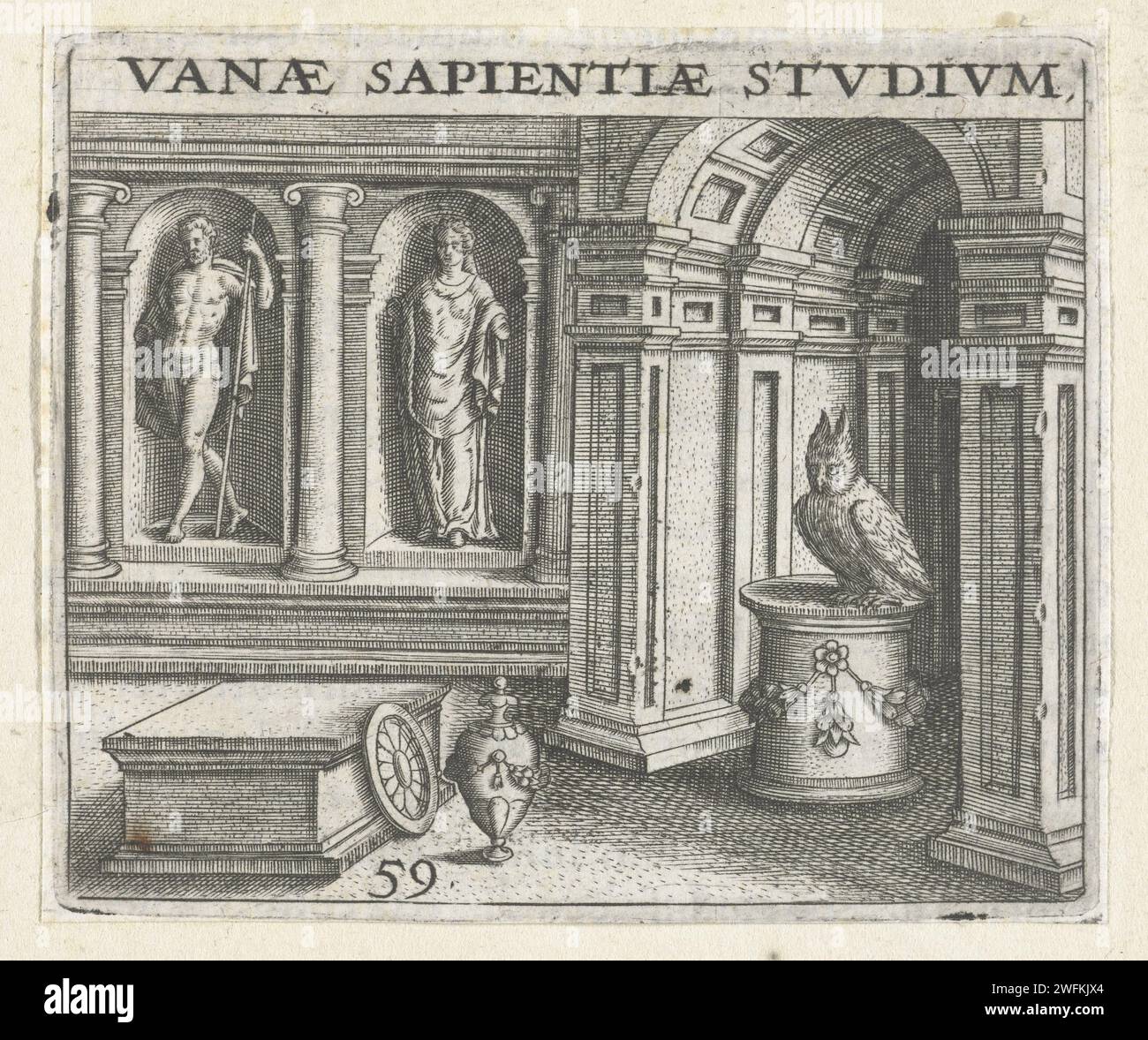 Hibou dans une étude migration, 1596 imprimer un hibou est assis sur une ronde dans une étude. Il y a deux sculptures dans des niches dans le mur et il y a un bouclier et un vase sur le sol. Frankfurt am principaux attributs de gravure sur papier de Minerva : owl. hiboux Banque D'Images