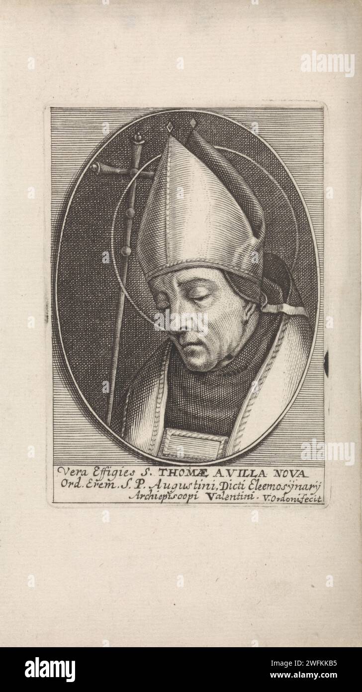 H. Thomas Villa Nova, Edouard Van Ordonie, C. 1638 - c. 1695 imprimer carte de prière avec le Saint Thomas de Villa Nova avec mitre et bâton de l'évêque. Anvers gravure sur papier du frère Augustine Thomas de Villanueva, archevêque de Valence ; attributs possibles : mendiants, estropiés, bourse Banque D'Images