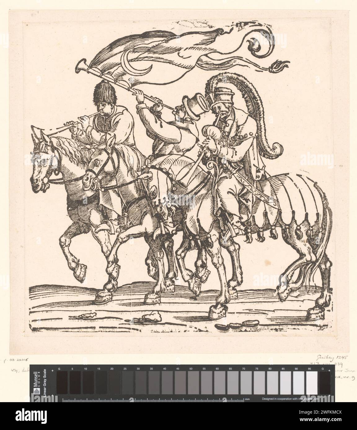 Trois musiciens turcs à cheval, Anonyme, d'après Jan Swart van Groningen, parade militaire sur papier imprimé 1530, concours. Races et peuples asiatiques : Turcs Banque D'Images
