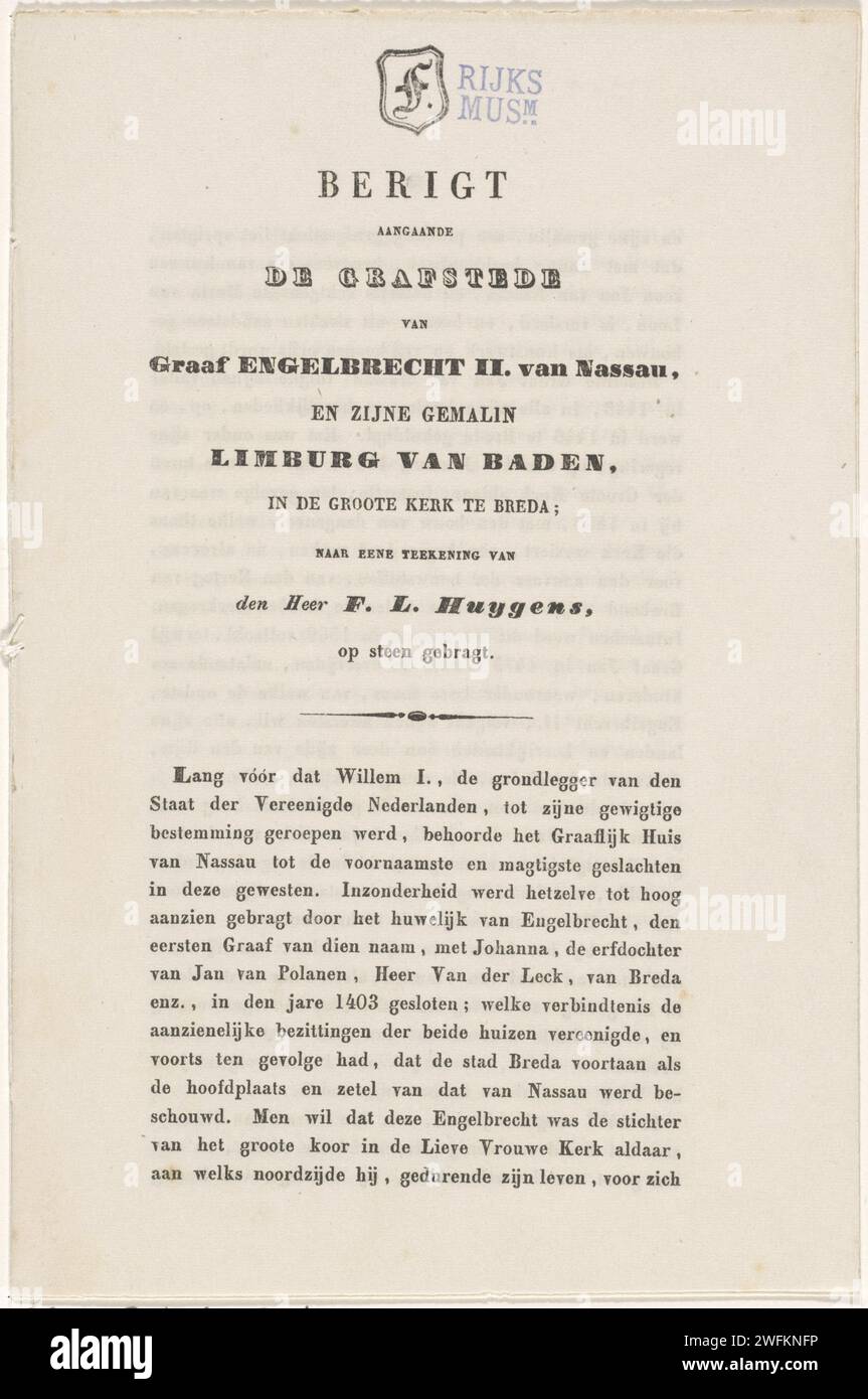 Texte au monument funéraire pour Engelbrecht II, Comte de Nassau-Dillenburg-Breda, 1504, 1824-1847 feuille de texte pays-Bas papier typographie impression tombe-bâtiment, tombe monumentale. Intérieur de l'église Breda Banque D'Images