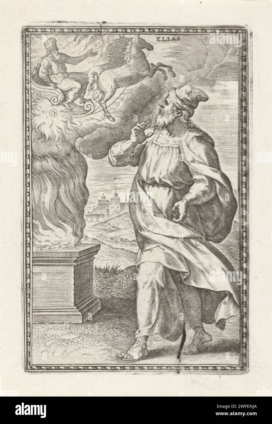 Prophète Elia, Johann Sadeler (I), d'après Chrispijn van den Broeck, 1575 imprimer le prophète Elia. Sur le deuxième plan, un bloc sacrificiel brûlant avec la vision de l'Ascension d'Elijah avec deux chevaux ardents. Vingt-cinq estampes d'une série de 39 parties avec le sujet des gens de l'ancien Testament. Anvers gravure sur papier de personnes masculines de l'ancien Testament (avec NOM) (pas dans le contexte biblique). Un char, des chevaux de feu et un tourbillon apparaissent et Élie est porté dans le ciel ; la cape d'Élie tombe (ou il la remet à Elisée) Banque D'Images