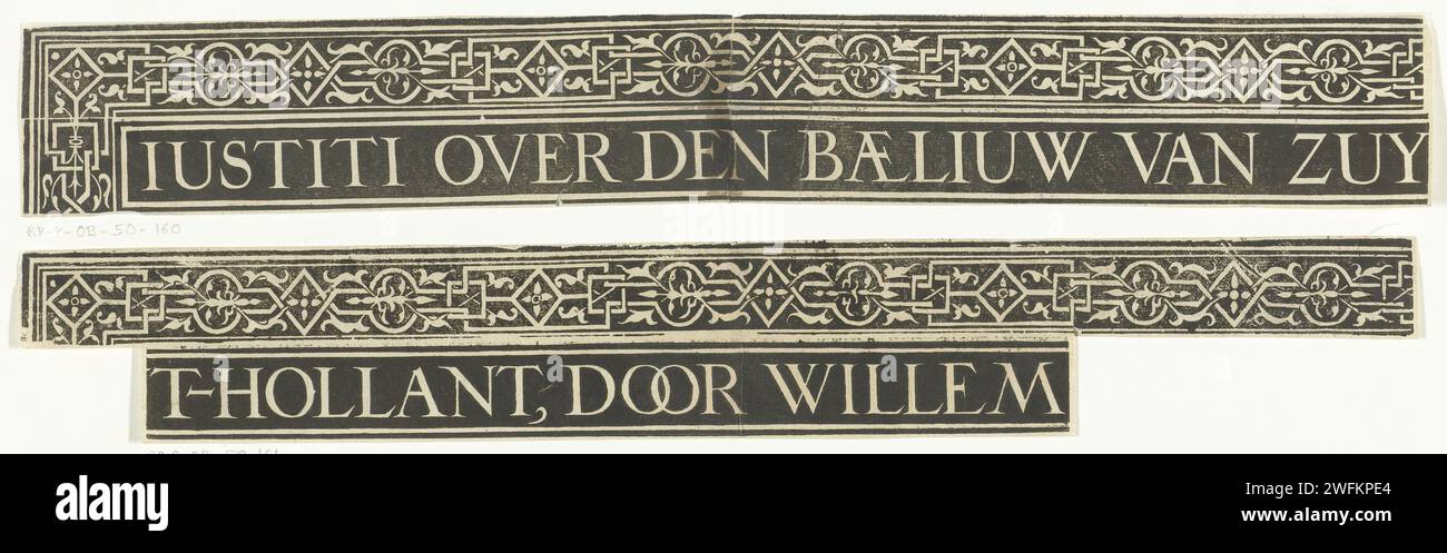 Bord ornemental avec titre, 1613 impression bord ornemental avec titre. Deuxième des trois bandes de texte. À l'origine, ce titre était au-dessus de la grande performance centrale dans l'impression de l'histoire de la magistrature Guillaume III en l'an 1336. papier Banque D'Images