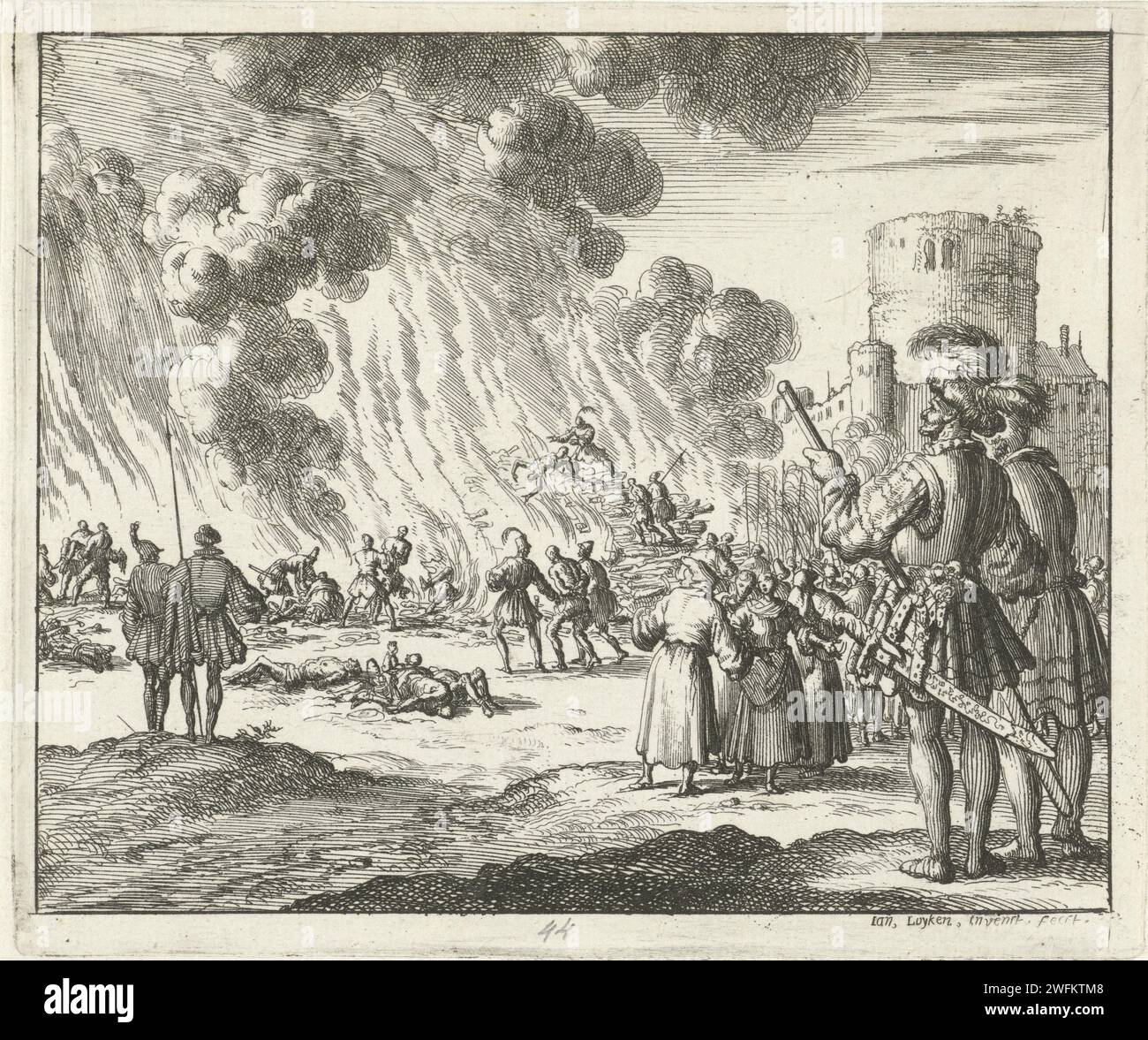 180 Albigenzen brûlé, Jan Luyken, 1685 print Amsterdam paper mordant la mort violente en brûlant sur le bûcher ; bûcher Banque D'Images