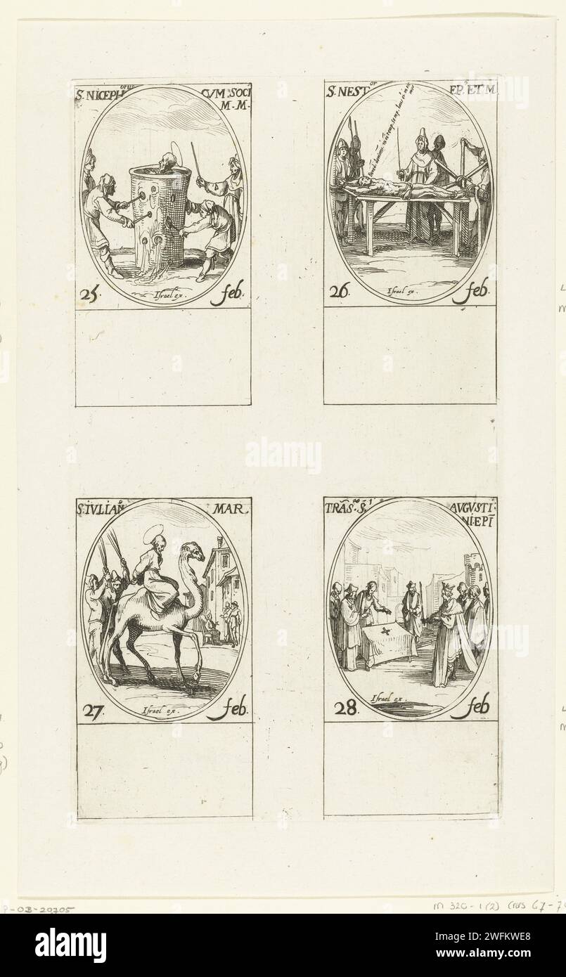 Saint Niceforus et Gezellen, Saint Nestor, Saint Julian, Traduction des restes d'Augustin (25-28 février), Jacques Callot, 1632 - 1636 imprimer feuille avec quatre représentations ovales, chacune avec inscription et date en latin: en haut à gauche du Saint niceforus dans un grand pot ou arbre creux avec des trous où les gens insèrent des bâtons, en haut à droite du Saint nestor qui est torturé sur un rack, en dessous du Saint Julian sur un chameau, en bas à droite le cercueil avec les restes de Saint Augustin entouré par le clergé et les nobles. Cette impression fait partie d'une série d'impressions avec des représentations des saints et t Banque D'Images