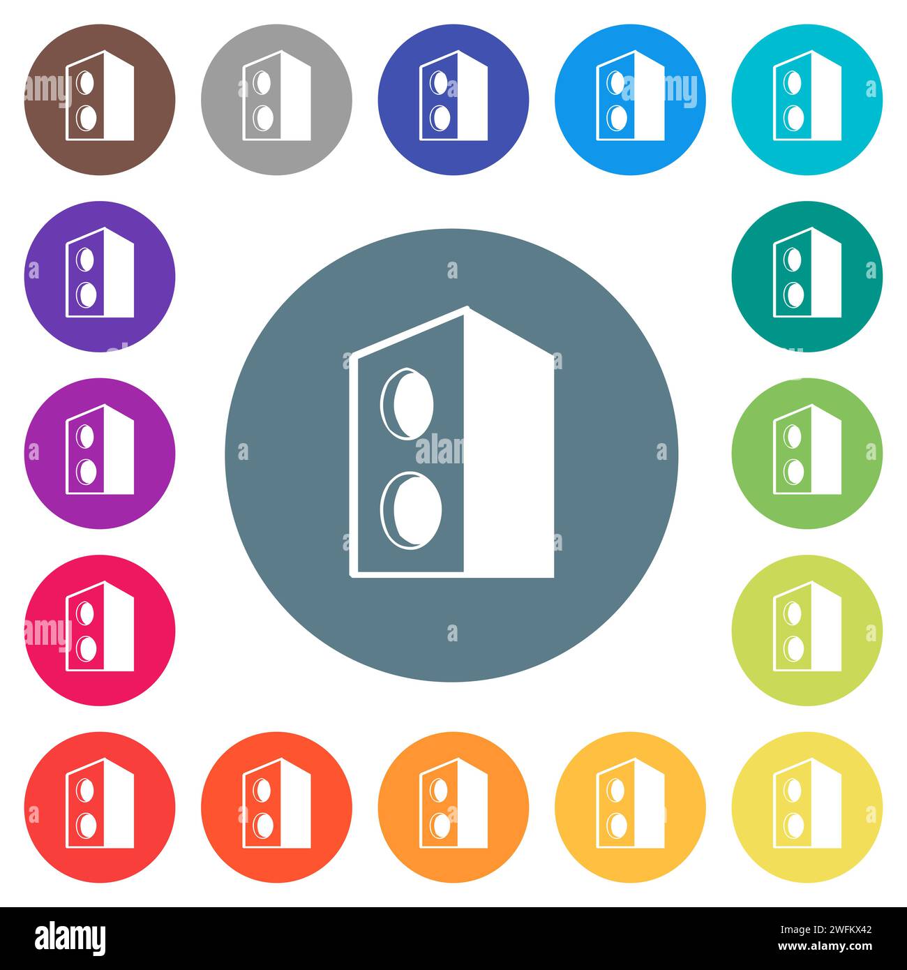 Icônes blanches plates du haut-parleur sur fond rond de couleur. 17 variations de couleur d'arrière-plan sont incluses. Illustration de Vecteur