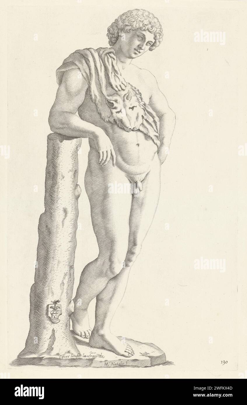 Statue de Bacchus avec peau de panter, Michel Natalis, d'après Giovanni Lanfranco, 1640 estampe Statue de Bacchus, avec une peau de léopard sur son épaule, debout à un tronc d'arbre. Au bas du tronc de l'arbre, les armoiries de Vincenzo Giustiniani. Imprimer à partir d'une série de sculptures de la collection de la Galleria Giustiniani à Rome. Gravure sur papier (histoire de) Bacchus (Dionysos), Liber. Attributs de Bacchus (avec NOM). monument, statue. pièce de sculpture, reproduction d'une pièce de sculpture Banque D'Images
