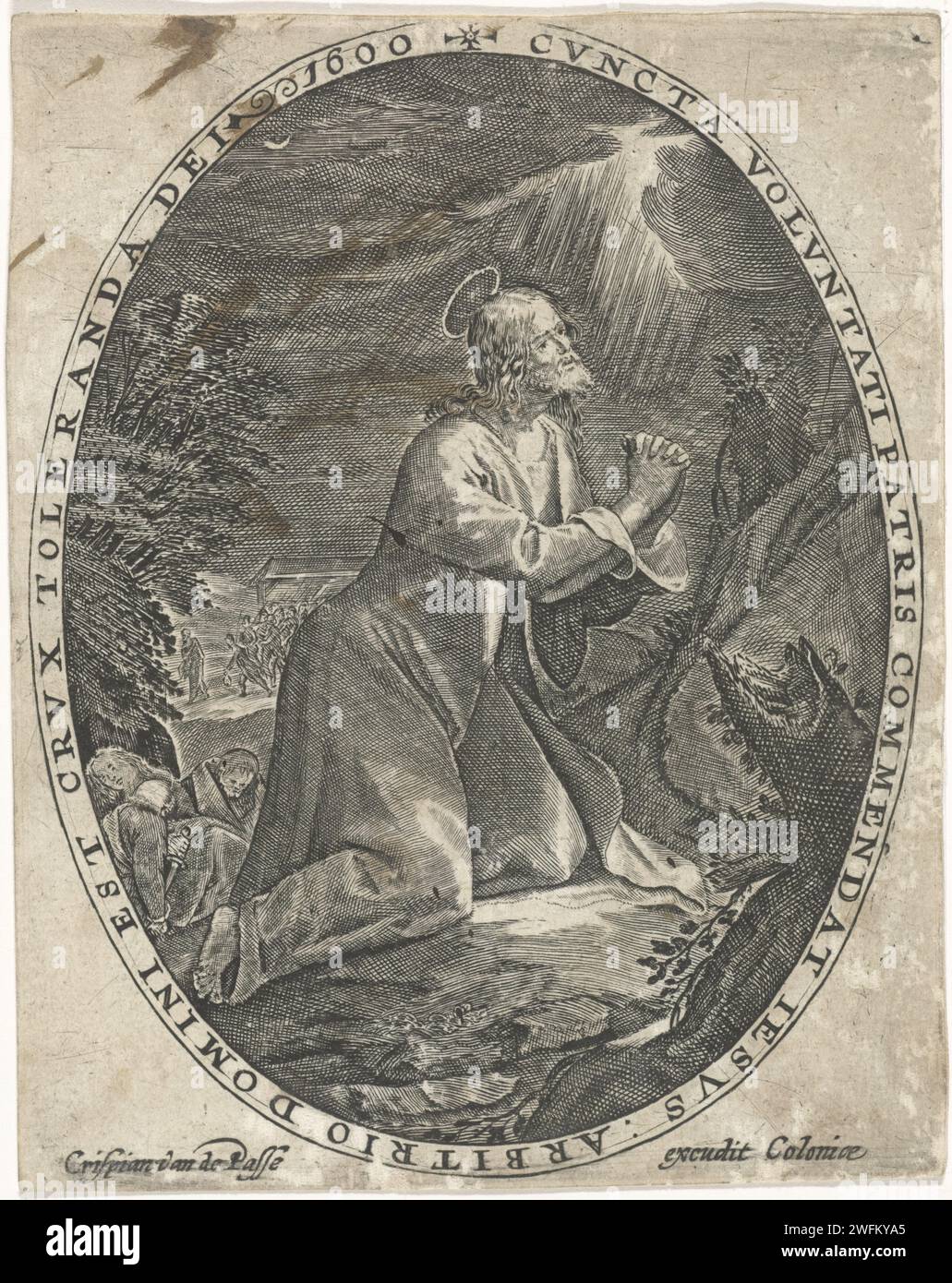 Christ dans la cour de Getsémane, Crispijn van de passe (I), 1600 print Christ prie Dieu dans la cour des olives pendant que ses étudiants dorment. En arrière-plan, Judas les soldats pointe l'endroit où Christ prie. Le spectacle est pris dans un cadre ovale avec un bord écrit en latin. Imprimer à partir d'une série avec la passion du Christ. Gravure sur papier Cologne agonie du Christ ; trois (ou onze) apôtres dormant. Prière du Christ dans le jardin de Gethsémani pendant la nuit Banque D'Images
