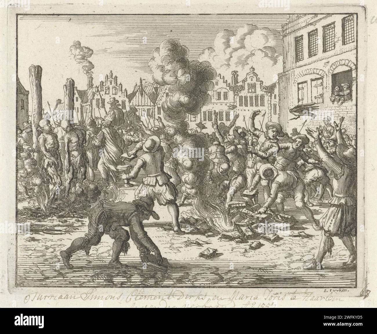 Livres du Jurriaan Simonsz brûlé. Sont pillés par les gens à Haarlem, 1557, Jan Luyken, 1685 imprimer Amsterdam papier gravure exécution d'hérétique, par exemple en brûlant sur le bûcher, 'auto-da-fé'. Brûlage des livres Haarlem Banque D'Images
