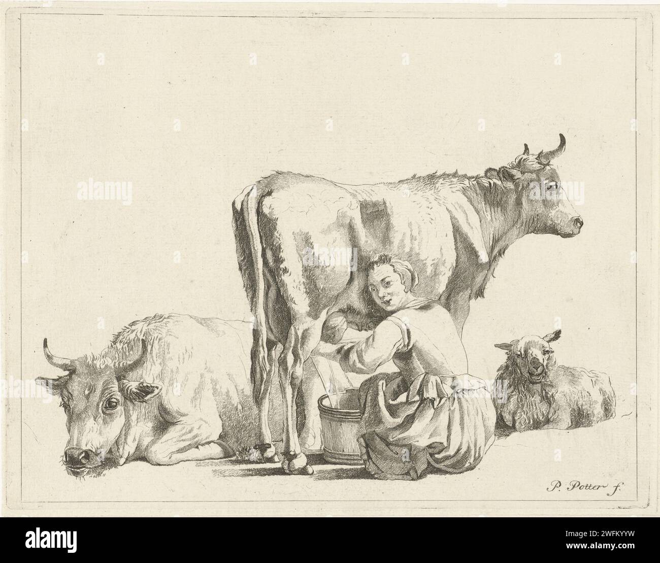 Melkmeid, Pieter de Mare, d'après Paulus Potter, 1768 - 1796 imprimer Une femme trayeuse assise dans deux vaches et un mouton. Leiden paper mordant la traite. milkmaid. vache Banque D'Images