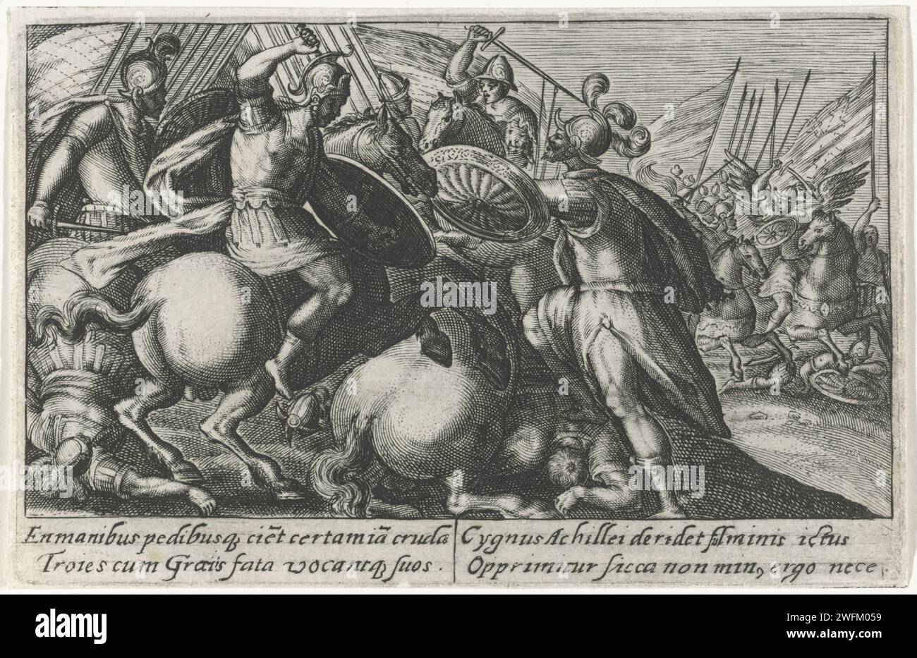 Cygnus combat avec les chevaux de Troie contre les Grecs, Crispijn van de passe (I), 1602 - 1607 imprimer Cygnus, fils de Neptunus, combat avec les chevaux de Troie contre les Grecs. Achille a conquis Cygnus après un long combat. Dans la marge, une légende de quatre lignes, en deux colonnes, en latin. Gravure sur papier de Cologne Cygnus, fils de Neptune, transformé en cygne : quand Achille arrive au pays de Troie il étrangle Cycnus, fils de Neptune ; Cycnus est transformé en cygne par son père (Ovide, Métamorphoses XII 144) (+ variante) Banque D'Images